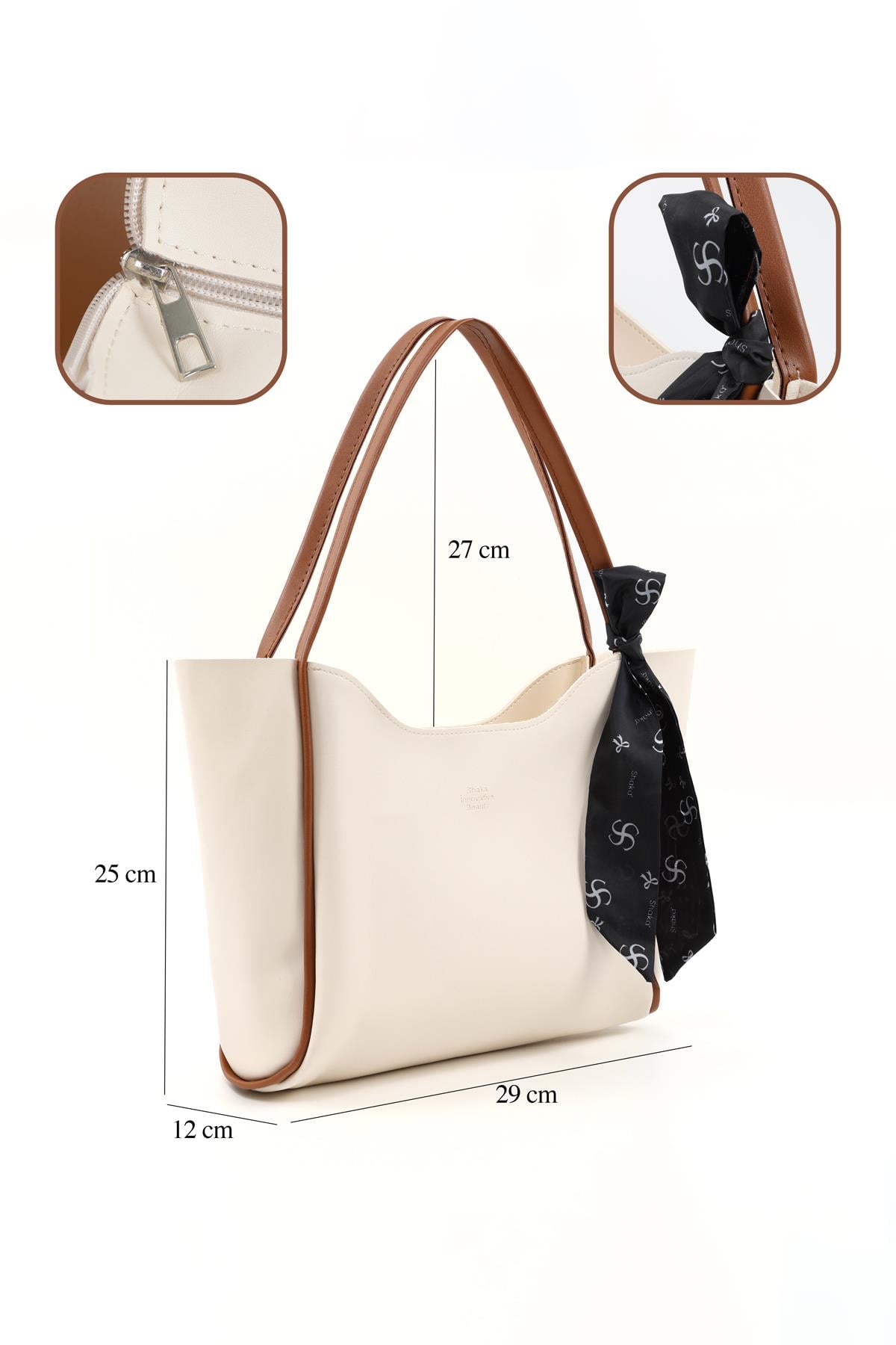 Krem-Taba /Krem SHK276 Suni Deri Büyük Boy Fermuarlı Omuz Çantası ve Cüzdan Seti (Shk240-Shk101)