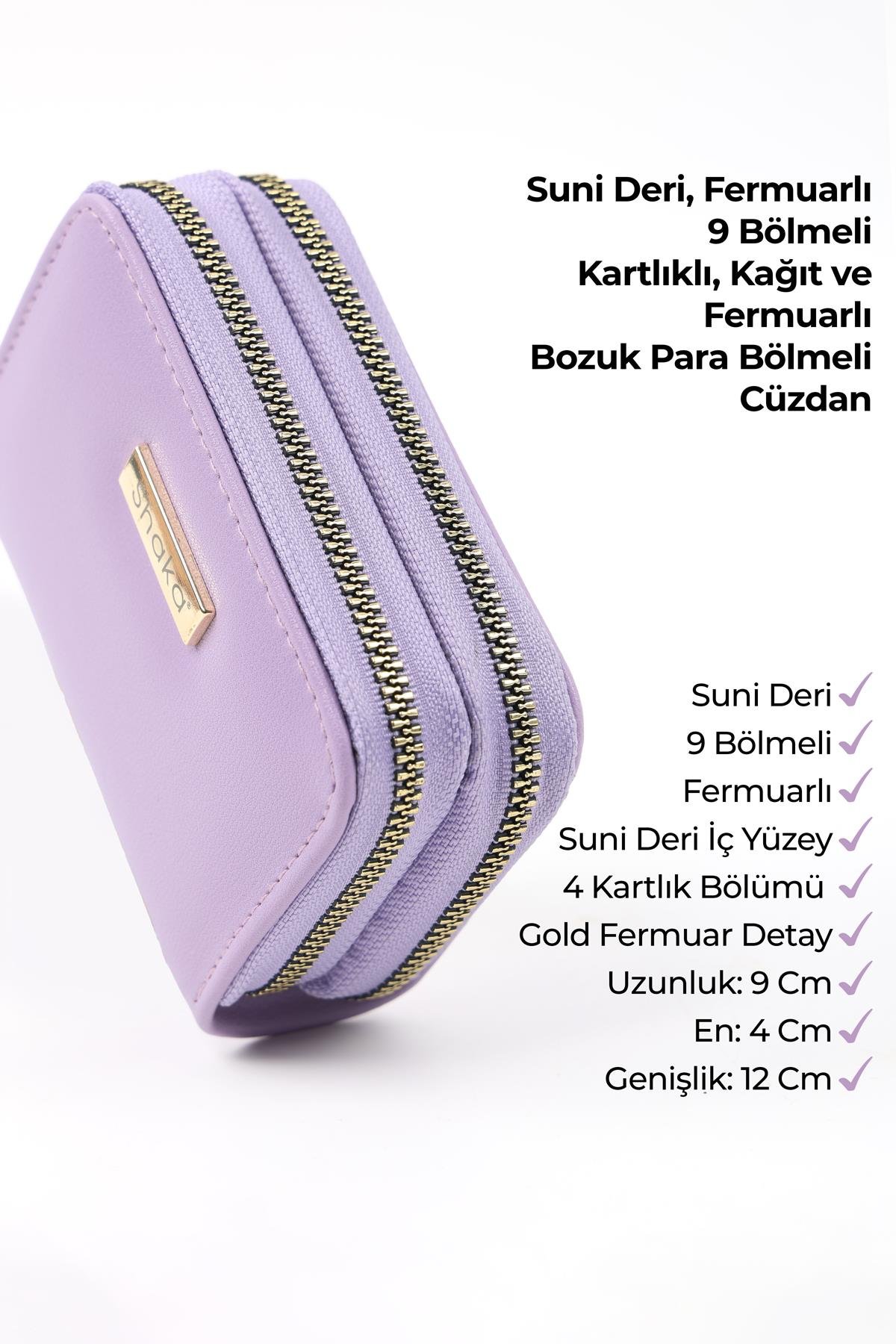 Lila Shk266 Suni Deri 9 Bölmeli, Fermuarlı, Kartlık ve Bozuk Para Bölmeli Cüzdan