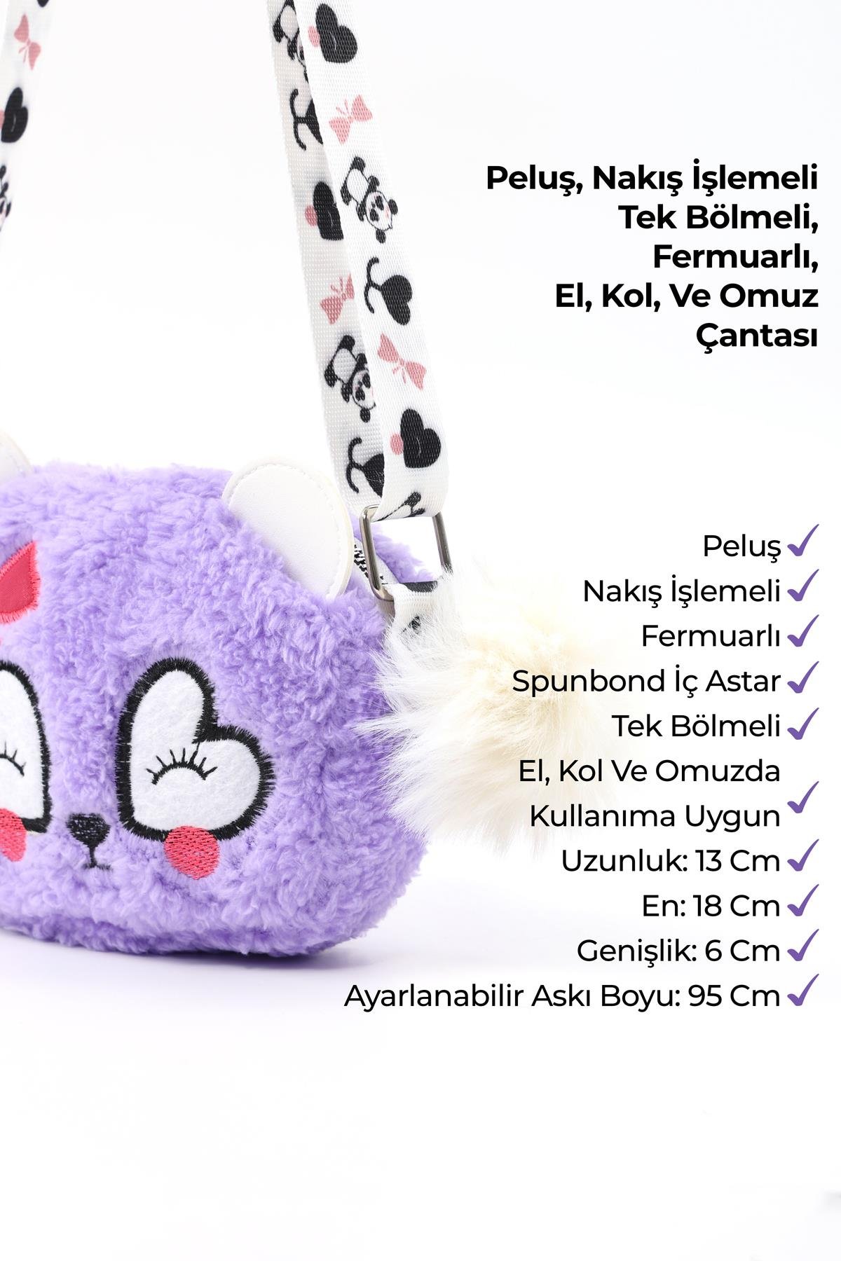 Lila Shk285 Peluş Kumaş ,Nakış İşlemeli, Fermuarlı Tek Bölmeli Kız Çocuk Çantası