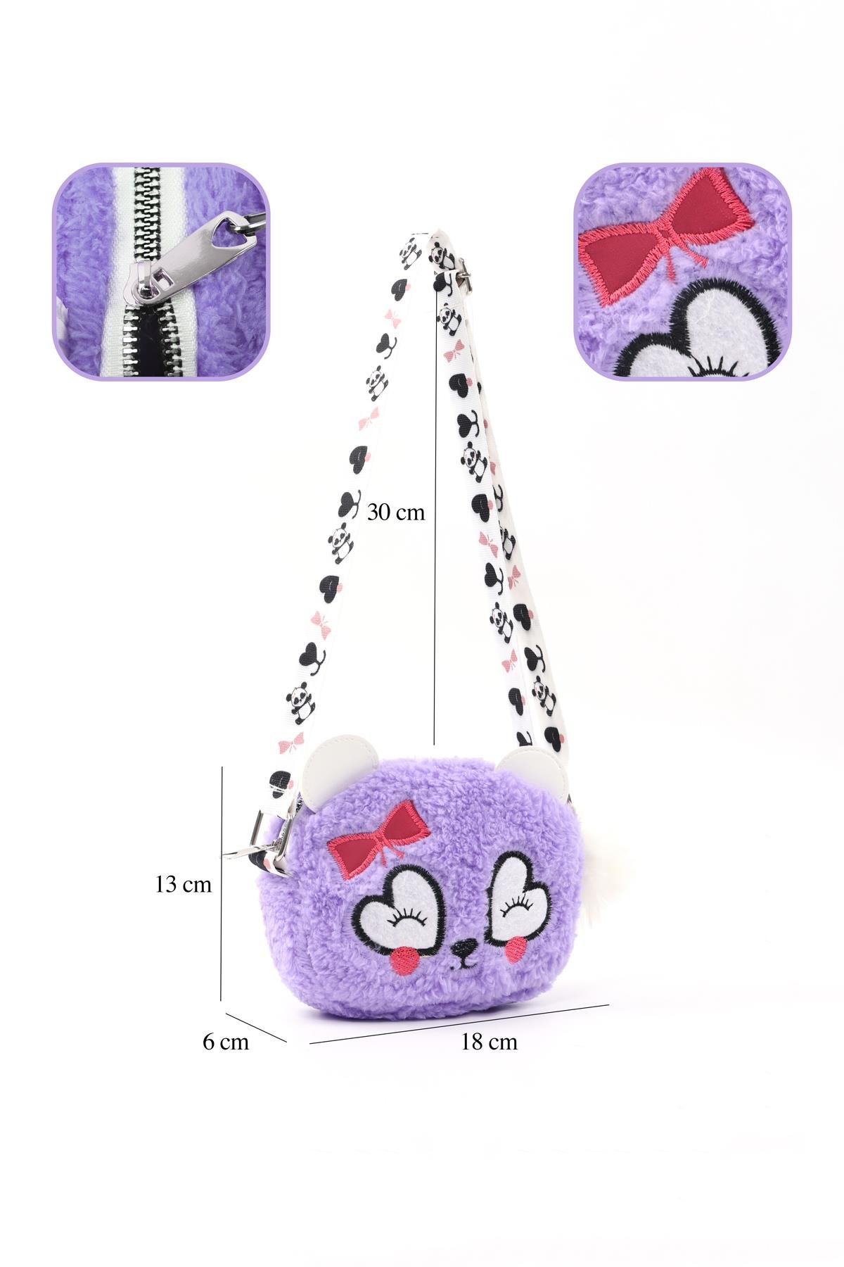 Lila Shk285 Peluş Kumaş ,Nakış İşlemeli, Fermuarlı Tek Bölmeli Kız Çocuk Çantası