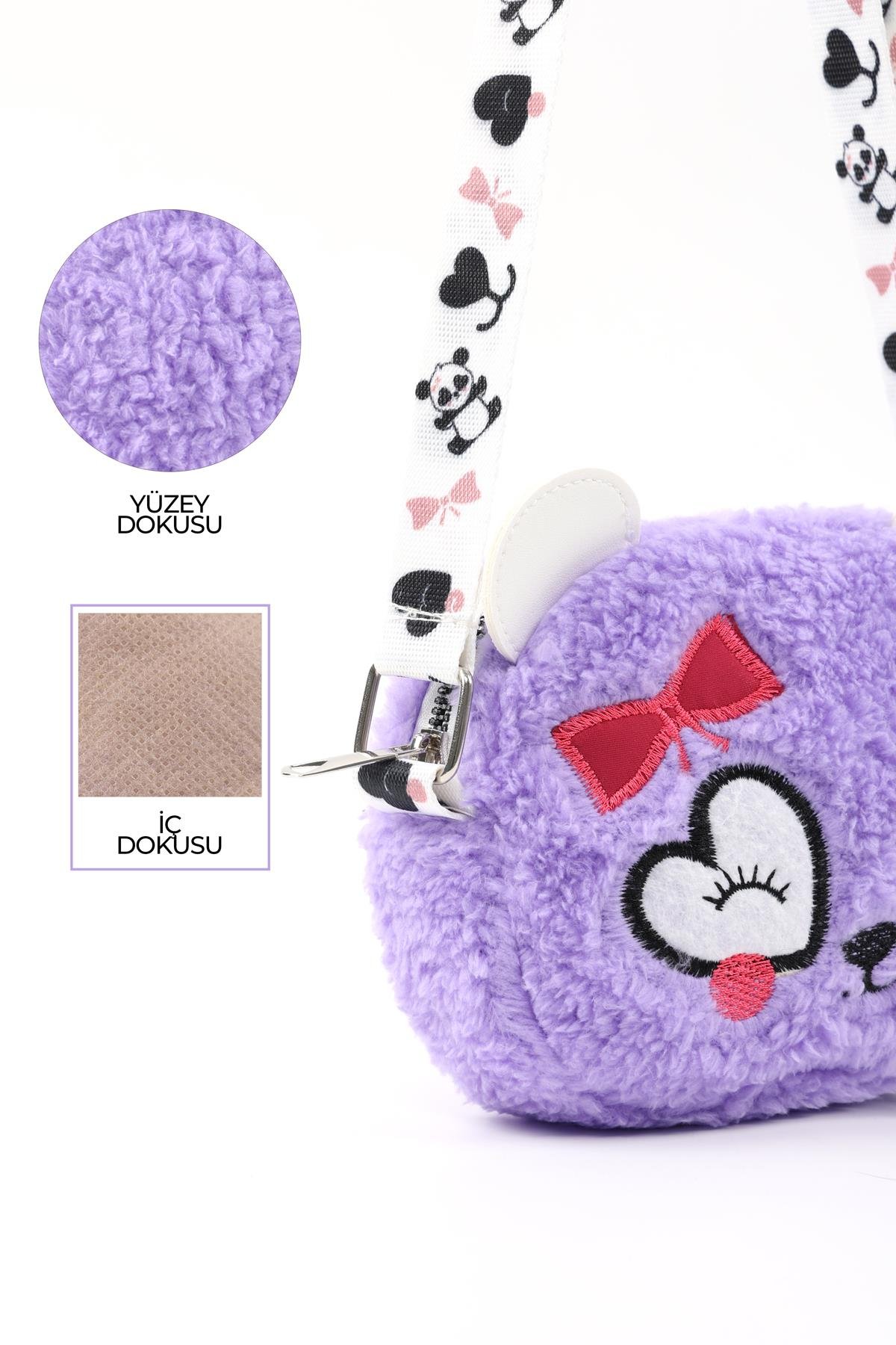 Lila Shk285 Peluş Kumaş ,Nakış İşlemeli, Fermuarlı Tek Bölmeli Kız Çocuk Çantası