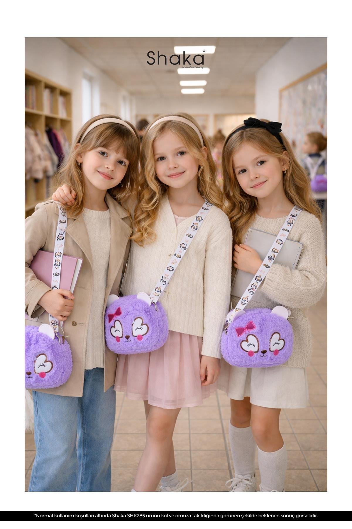 Lila Shk285 Peluş Kumaş ,Nakış İşlemeli, Fermuarlı Tek Bölmeli Kız Çocuk Çantası