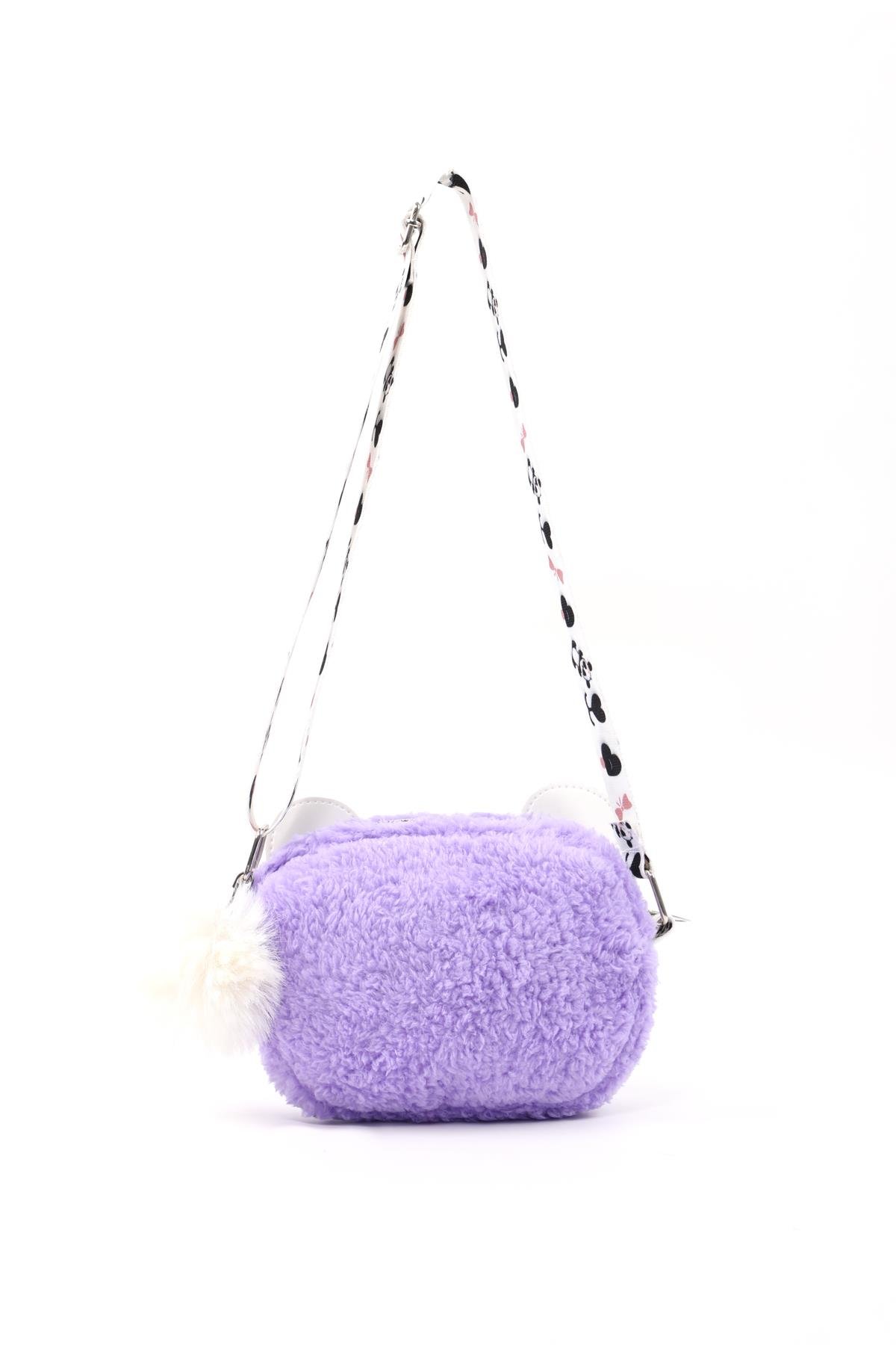 Lila Shk285 Peluş Kumaş ,Nakış İşlemeli, Fermuarlı Tek Bölmeli Kız Çocuk Çantası