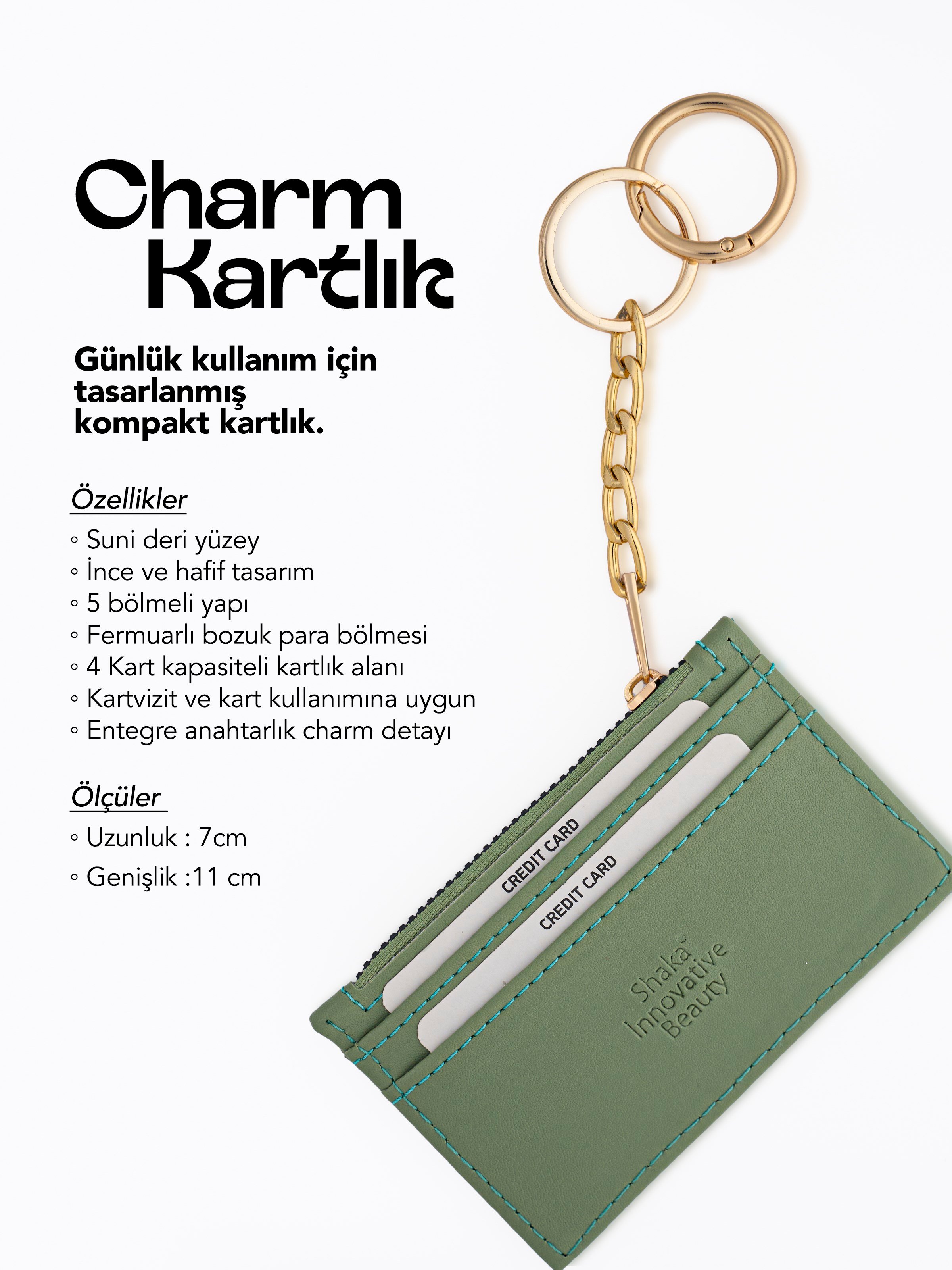 Mint Yeşil SHK136 Suni Deri,Fermuarlı,Beş Bölmeli Kartlık ve Çanta Charmı