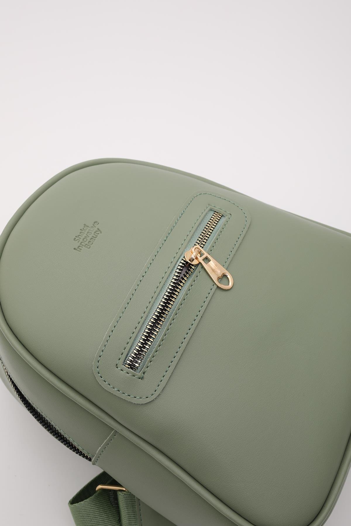 Mint Yeşil Shk200 Suni Deri 2 Bölmeli Fermuarlı Yazılı Kolon Askılı Sırt Çantası U:26 E:22 G:9 cm