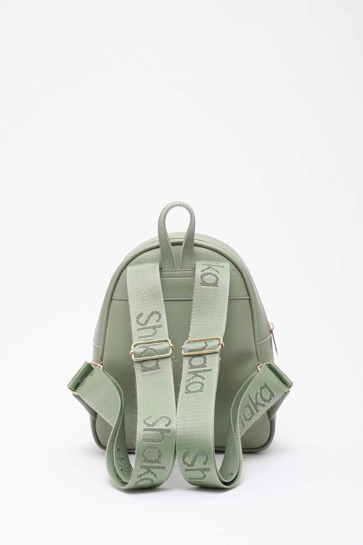 Mint Yeşil Shk200 Suni Deri 2 Bölmeli Fermuarlı Yazılı Kolon Askılı Sırt Çantası U:26 E:22 G:9 cm