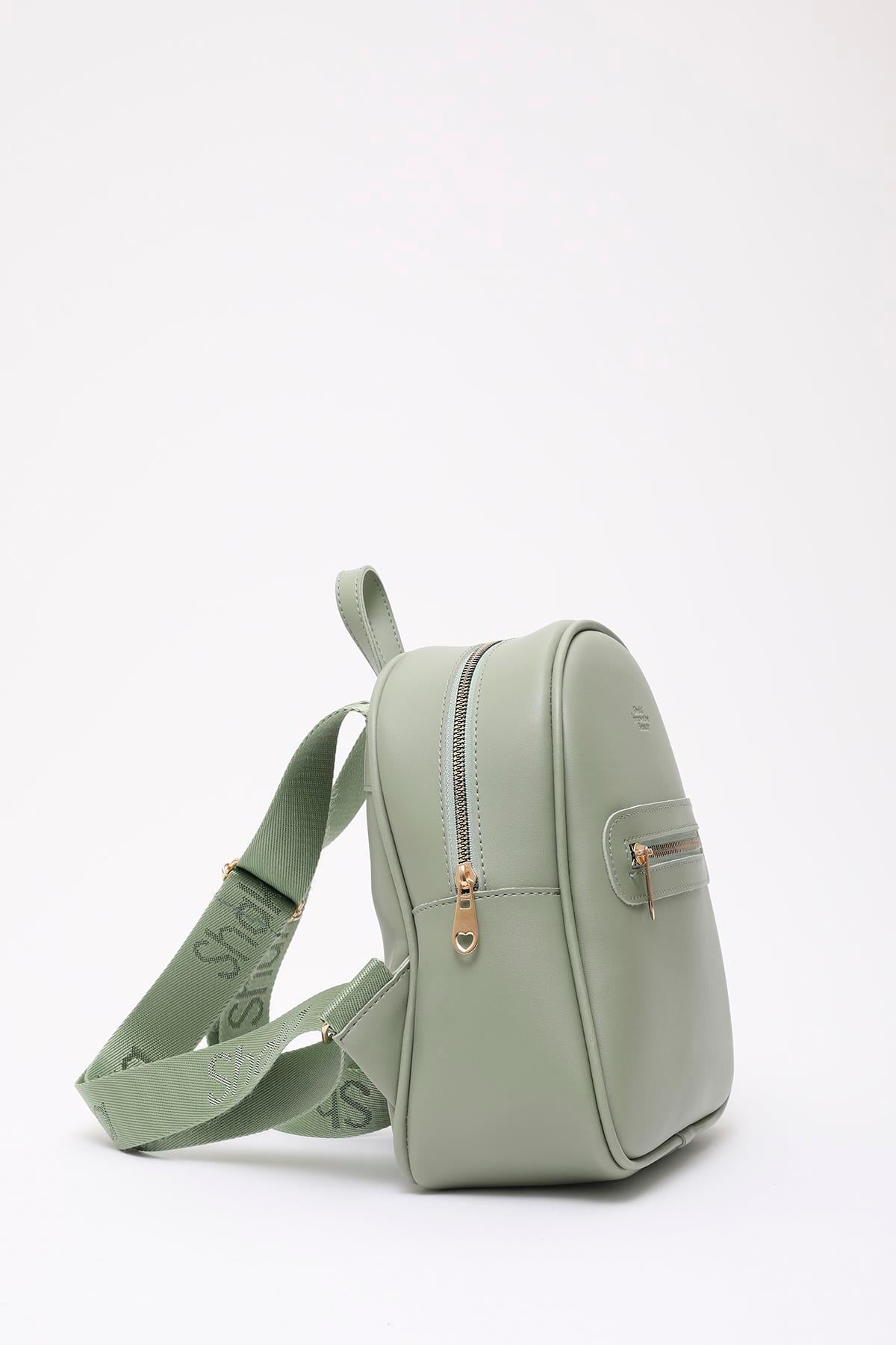 Mint Yeşil Shk200 Suni Deri 2 Bölmeli Fermuarlı Yazılı Kolon Askılı Sırt Çantası U:26 E:22 G:9 cm