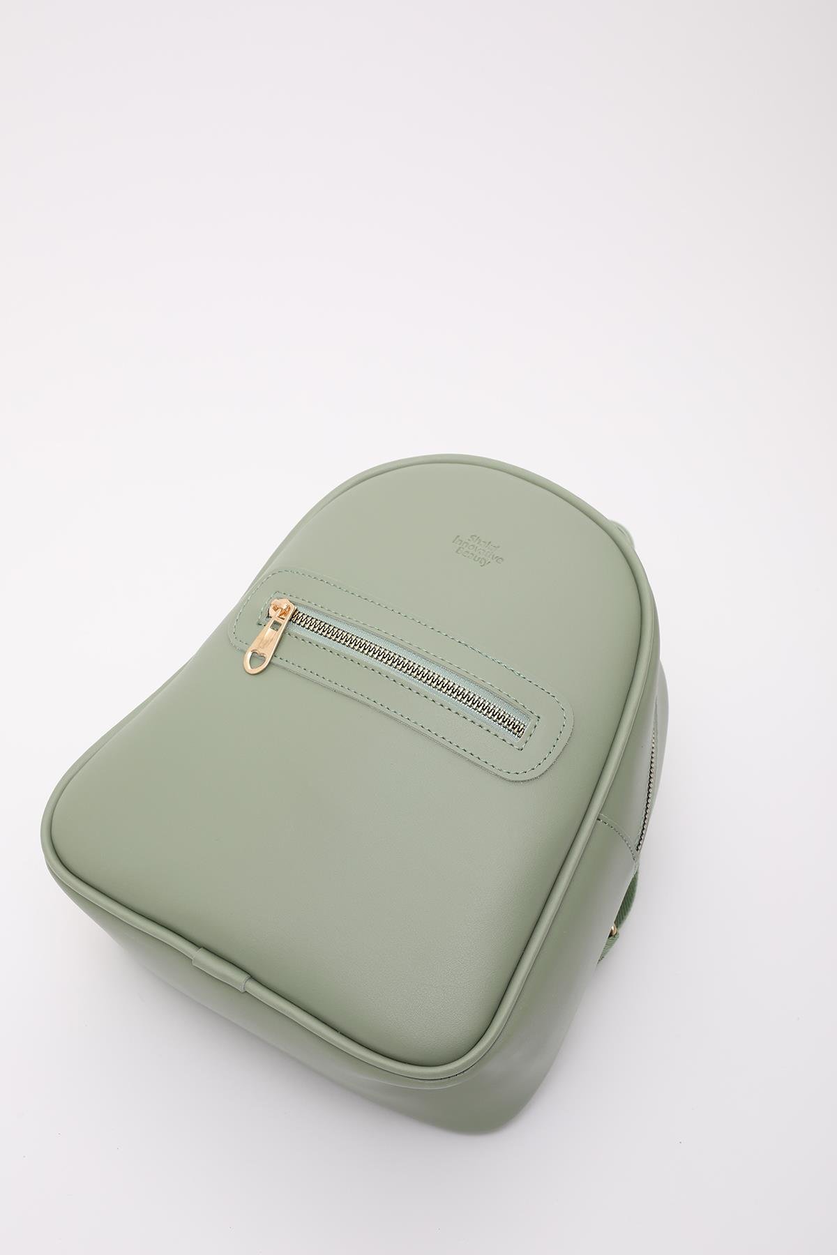 Mint Yeşil Shk200 Suni Deri 2 Bölmeli Fermuarlı Yazılı Kolon Askılı Sırt Çantası U:26 E:22 G:9 cm