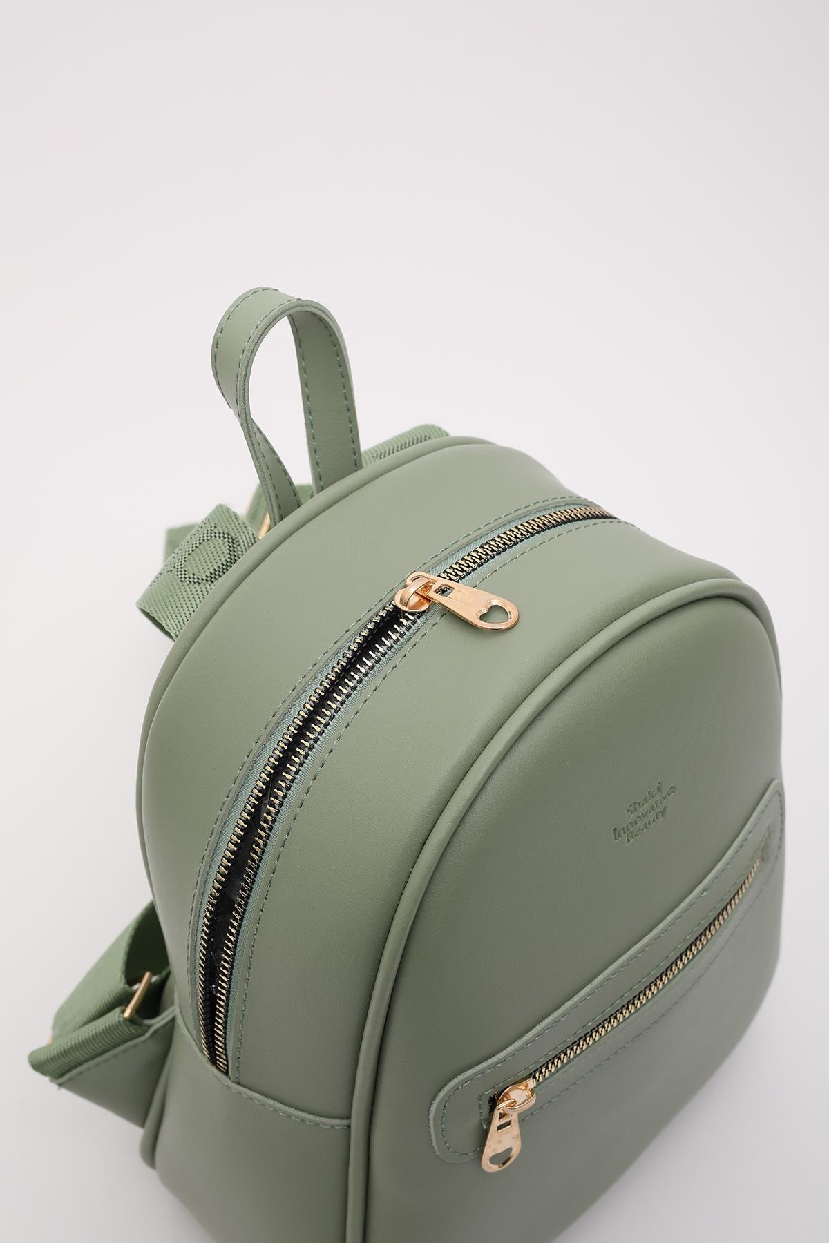 Mint Yeşil Shk200 Suni Deri 2 Bölmeli Fermuarlı Yazılı Kolon Askılı Sırt Çantası U:26 E:22 G:9 cm