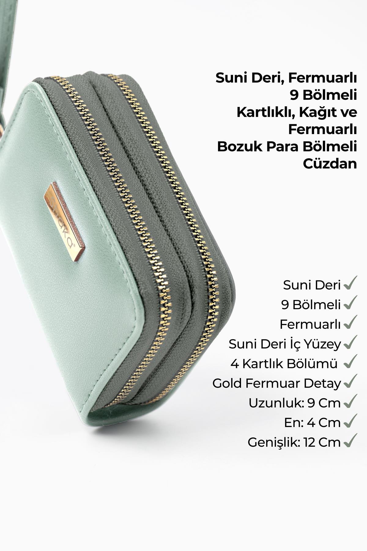 Mint Yeşil Shk266 Suni Deri 9 Bölmeli, Fermuarlı, Kartlık ve Bozuk Para Bölmeli Cüzdan