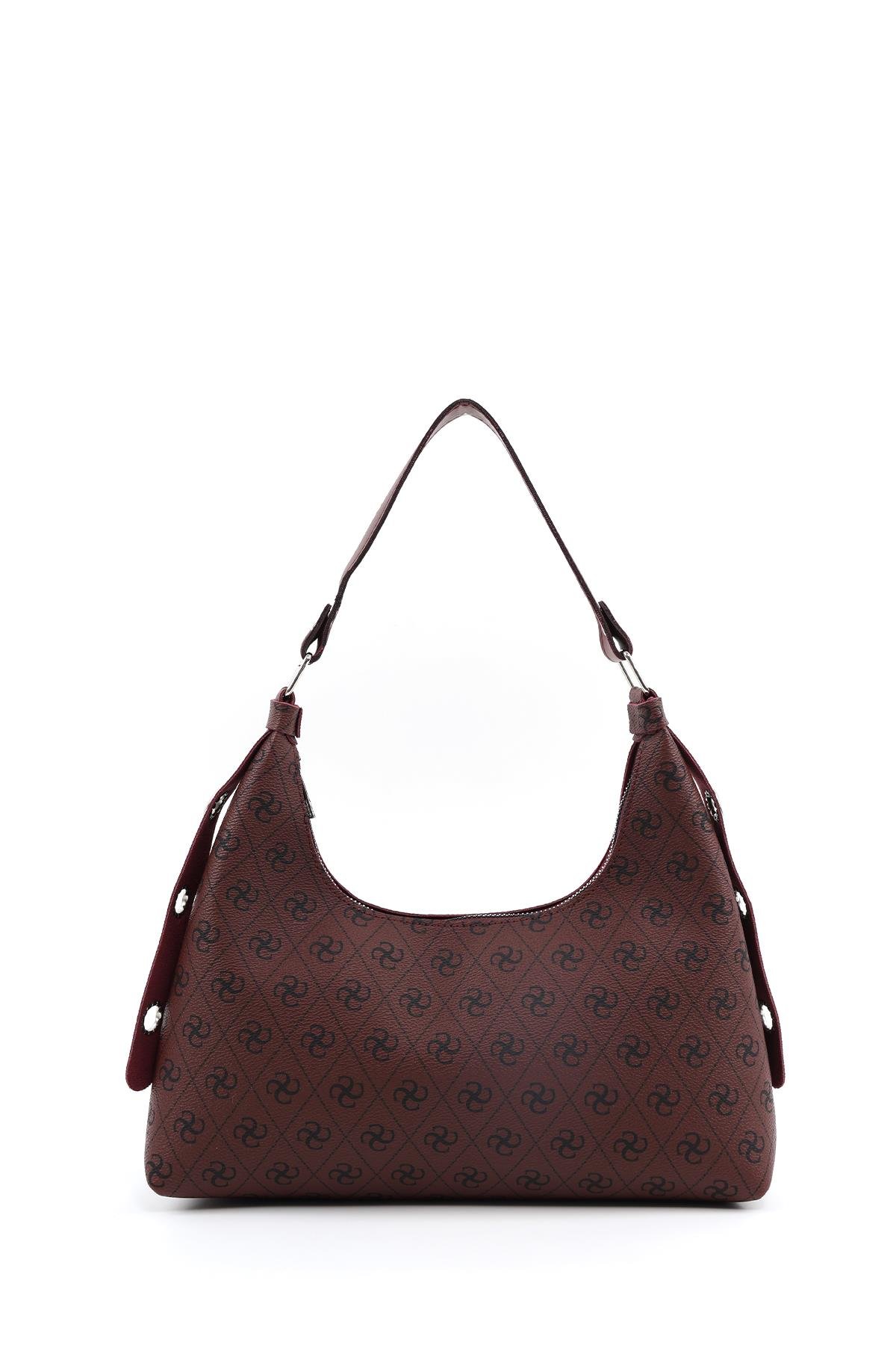 Monogram Baskılı Bordo Shk82 Baget Model Tek Bölmeli Kadın Suni Deri Kol ve Omuz Çantası