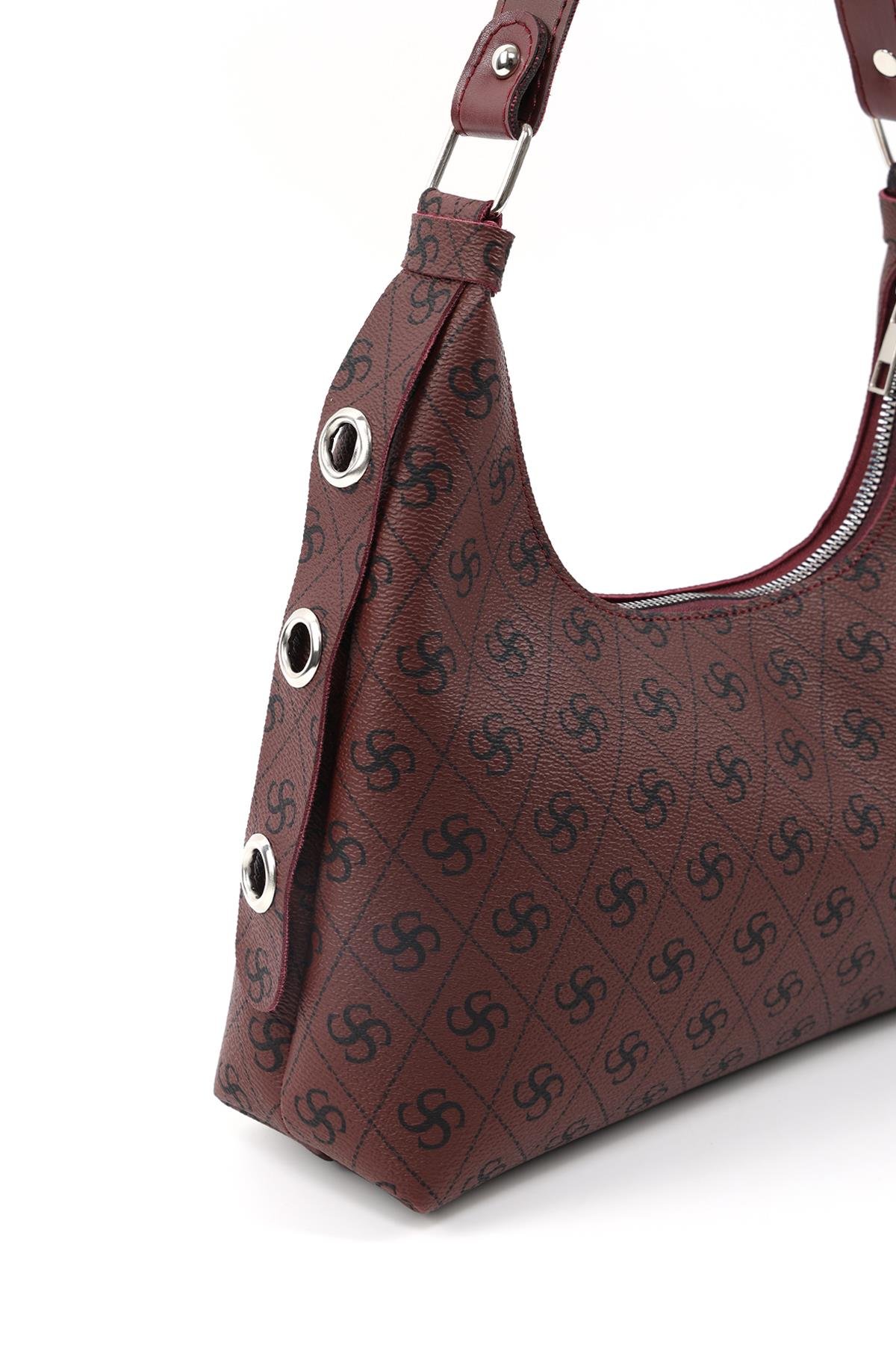 Monogram Baskılı Bordo Shk82 Baget Model Tek Bölmeli Kadın Suni Deri Kol ve Omuz Çantası