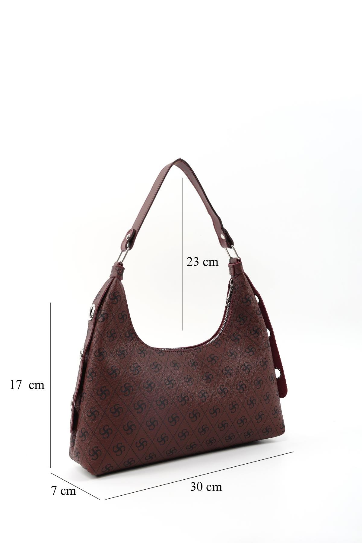 Monogram Baskılı Bordo Shk82 Baget Model Tek Bölmeli Kadın Suni Deri Kol ve Omuz Çantası