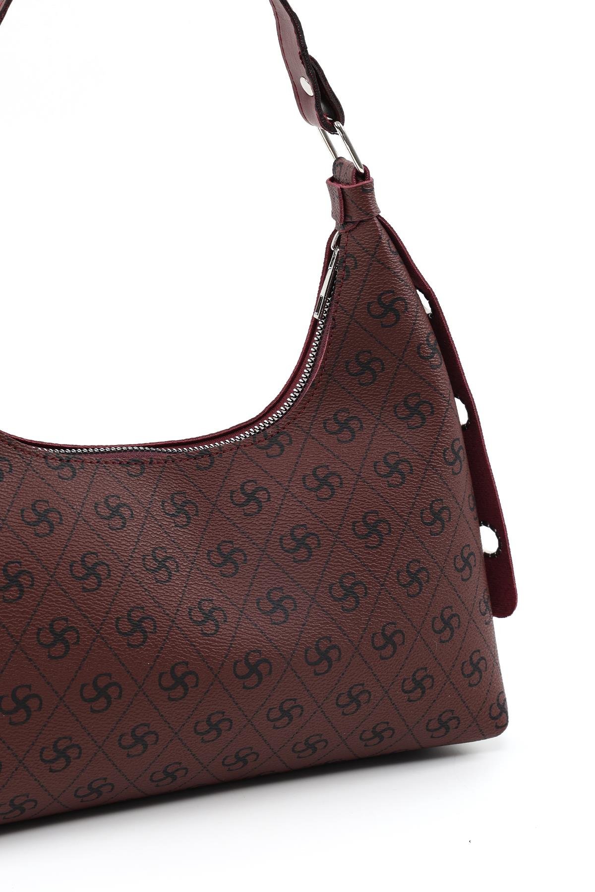 Monogram Baskılı Bordo Shk82 Baget Model Tek Bölmeli Kadın Suni Deri Kol ve Omuz Çantası