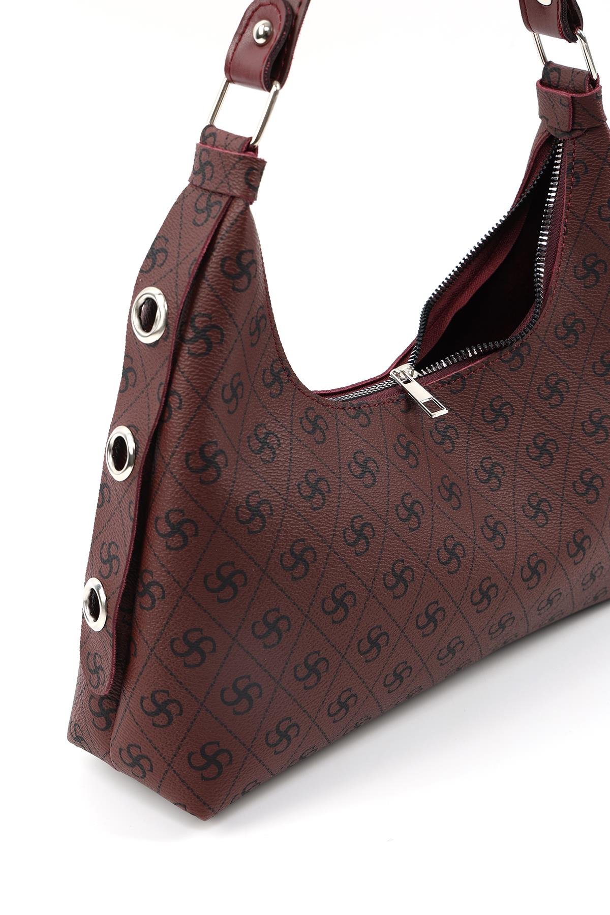 Monogram Baskılı Bordo Shk82 Baget Model Tek Bölmeli Kadın Suni Deri Kol ve Omuz Çantası