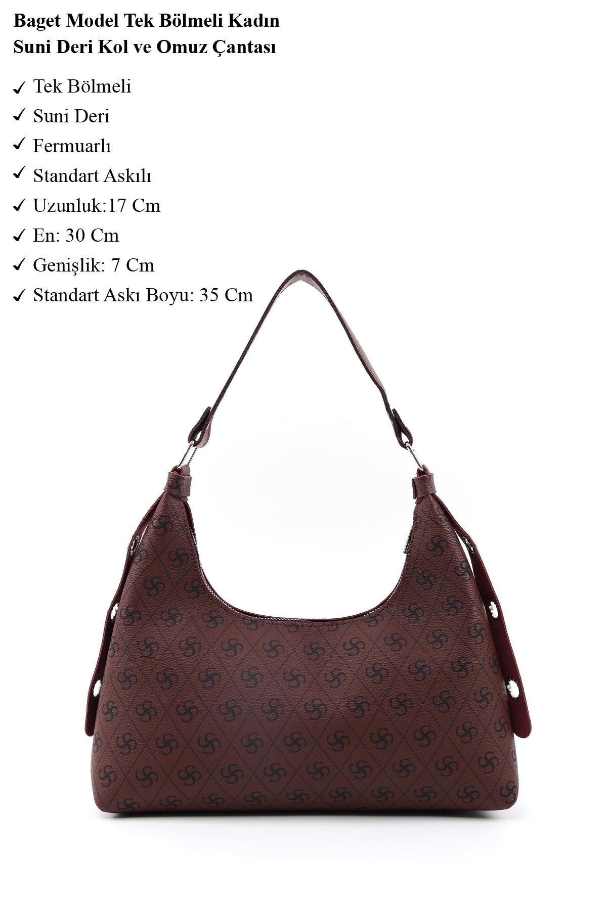 Monogram Baskılı Bordo Shk82 Baget Model Tek Bölmeli Kadın Suni Deri Kol ve Omuz Çantası