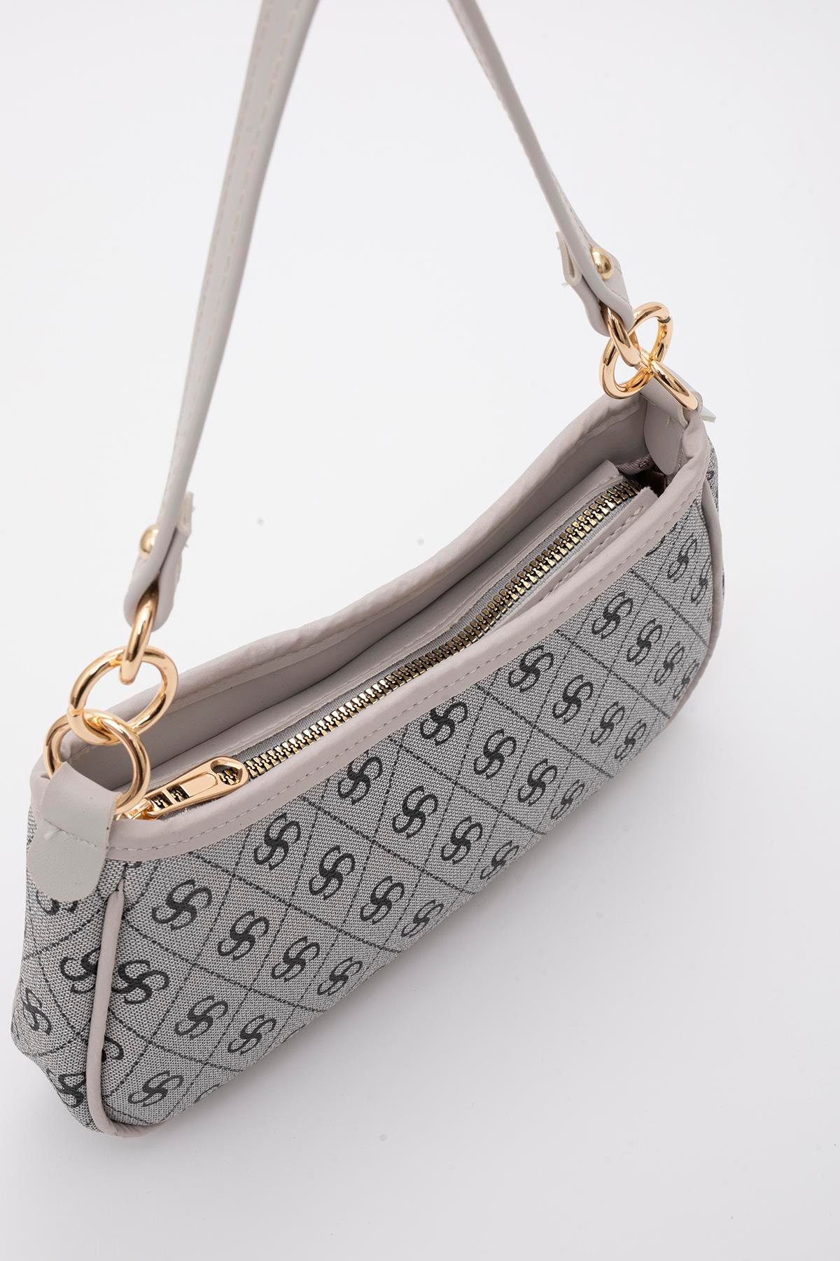 Monogram Baskılı Gri Shk113 Suni Deri Astarlı Fermuarlı Ayarlanabilir Askılı El, Kol ve Omuz Çantası U:13 E:23 G:6 cm