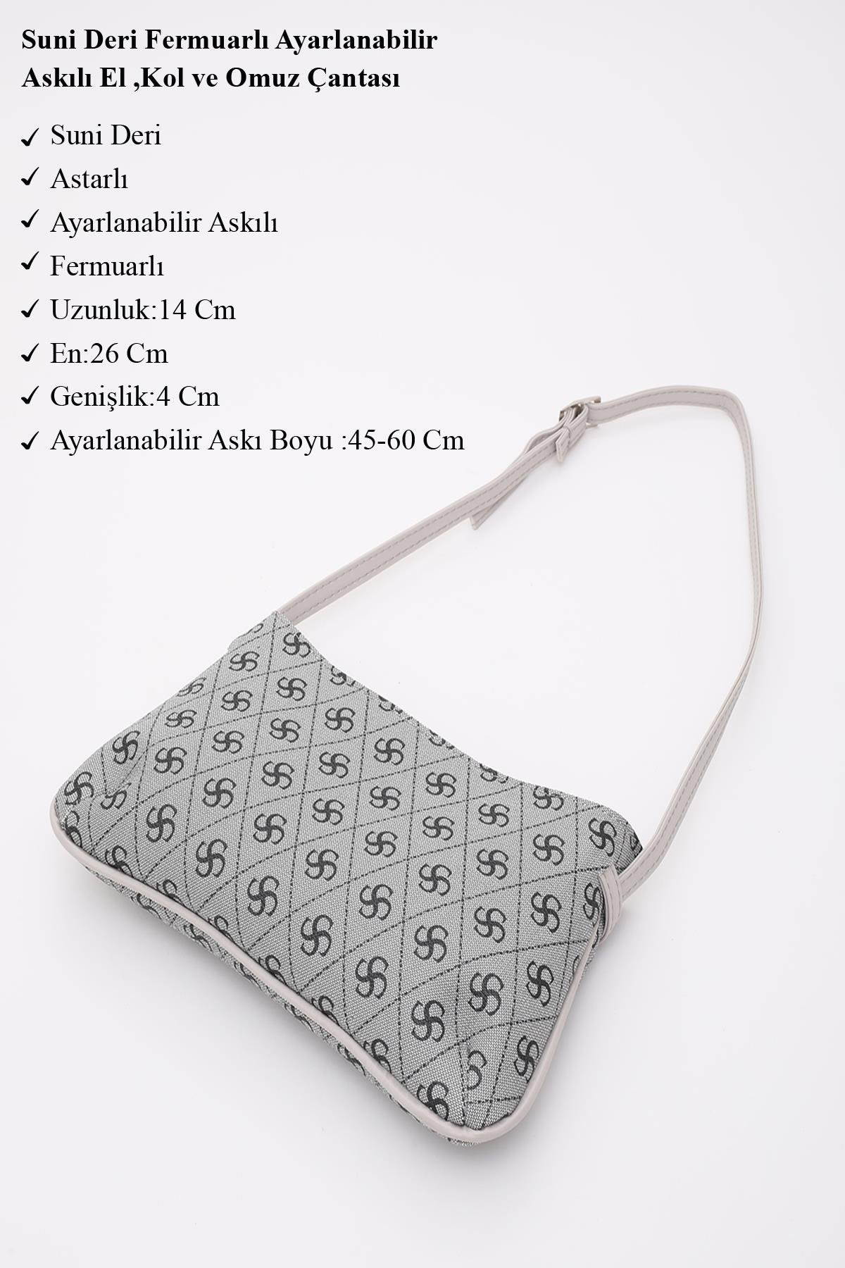 Monogram Baskılı Gri Shk129 Suni Deri Astarlı Fermuarlı Ayarlanabilir Askılı El, Kol ve Omuz Çantası U:14 E:26 G:4 cm