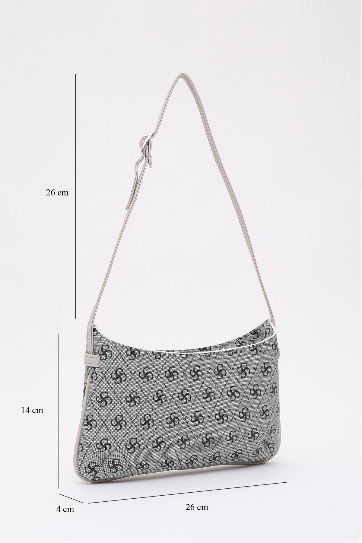 Monogram Baskılı Gri Shk129 Suni Deri Astarlı Fermuarlı Ayarlanabilir Askılı El, Kol ve Omuz Çantası U:14 E:26 G:4 cm