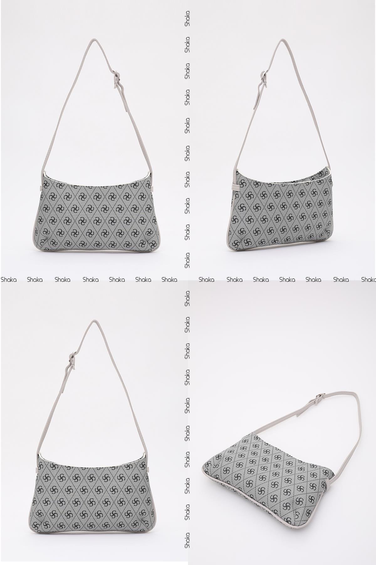 Monogram Baskılı Gri Shk129 Suni Deri Astarlı Fermuarlı Ayarlanabilir Askılı El, Kol ve Omuz Çantası U:14 E:26 G:4 cm