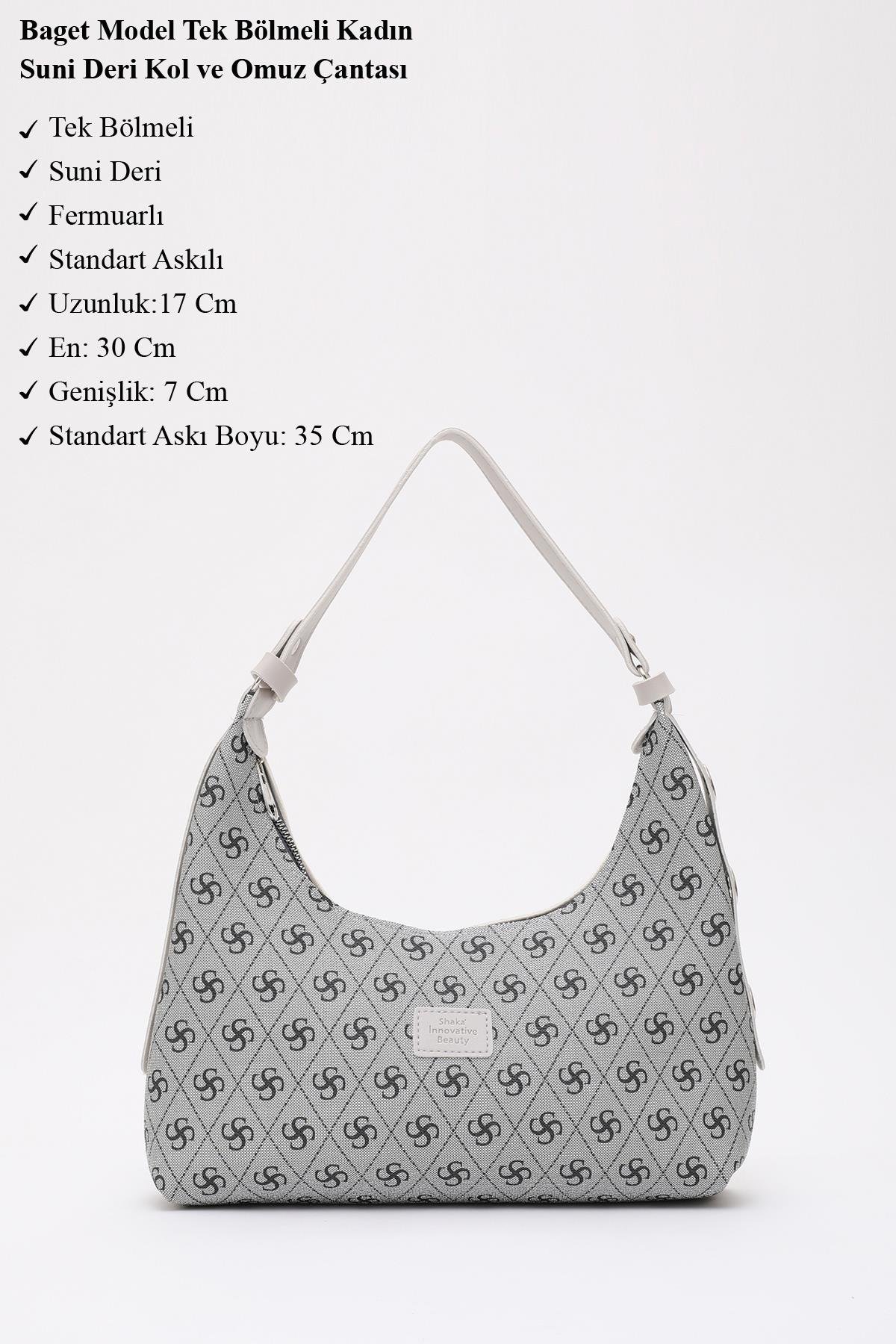 Monogram Baskılı Gri Shk82 Baget Model Tek Bölmeli Kadın Suni Deri Kol ve Omuz Çantası U:17 E:30 G:7
