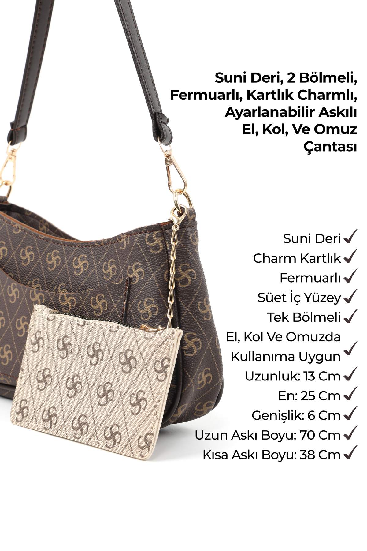Monogram Baskılı Kahverengi Shk307 Suni Deri, 2 Bölmeli, Cep ve Kartlık Detaylı, El ve Omuz Çantası