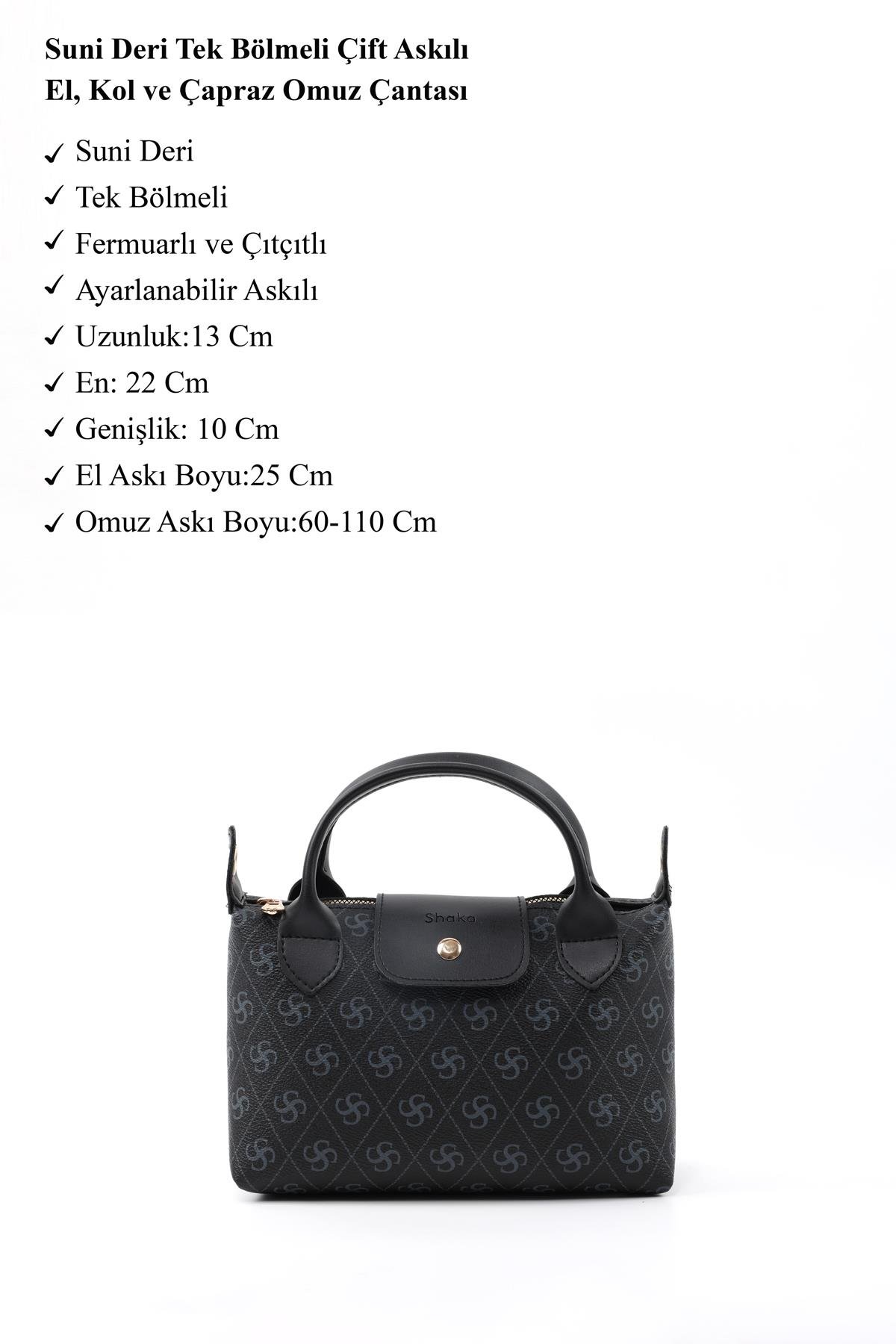 Monogram Baskılı Siyah Shk135 Suni Deri, Tek Bölmeli, Çift Askılı El, Kol ve Çapraz Omuz Çantası