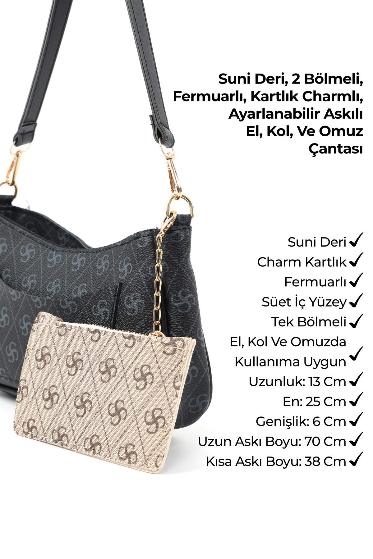 Monogram Baskılı Siyah Shk307 Suni Deri, 2 Bölmeli, Cep ve Kartlık Detaylı, El ve Omuz Çantası