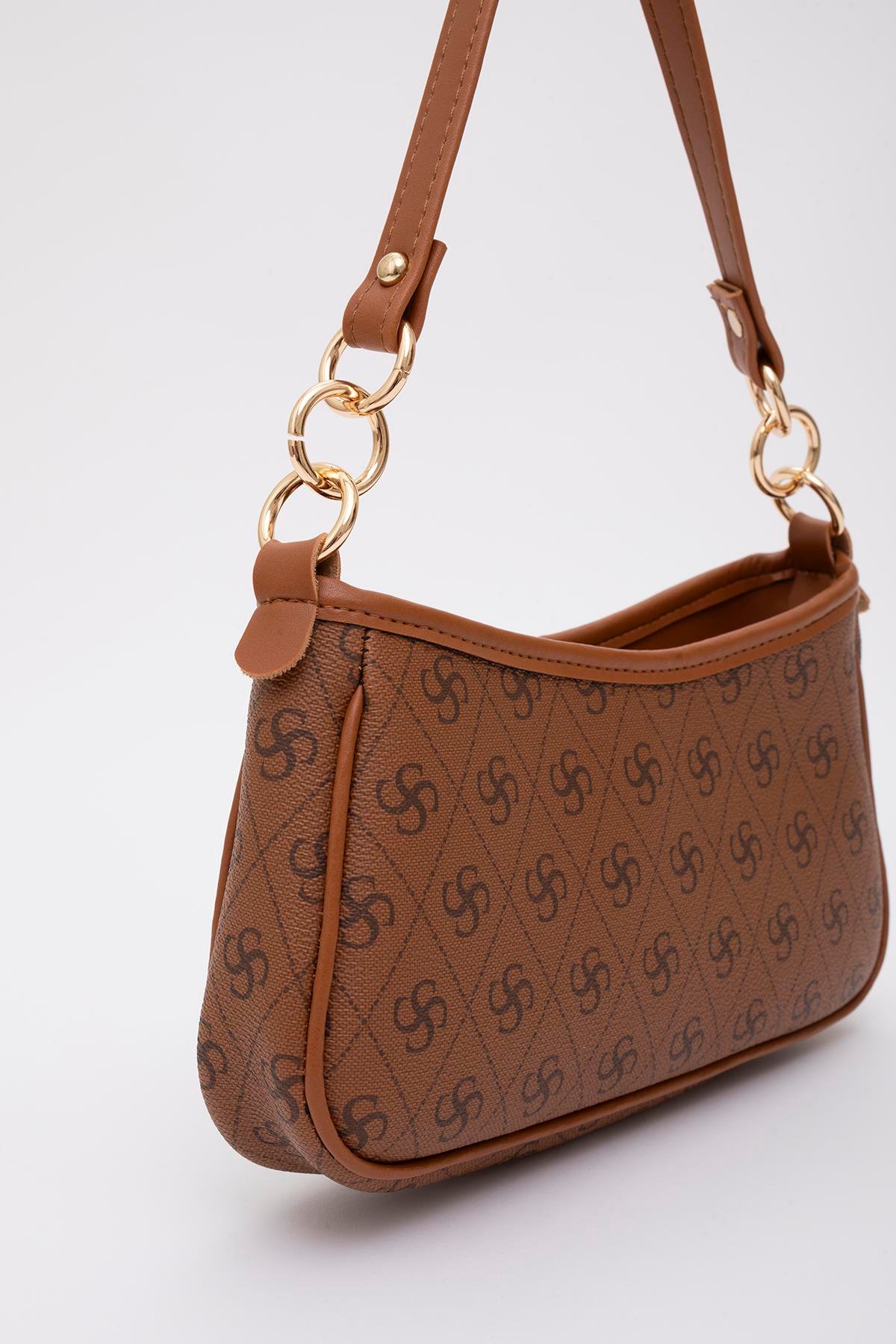 Monogram Baskılı Taba Shk113 Suni Deri Astarlı Fermuarlı Ayarlanabilir Askılı El, Kol ve Omuz Çantası U:13 E:23 G:6 cm