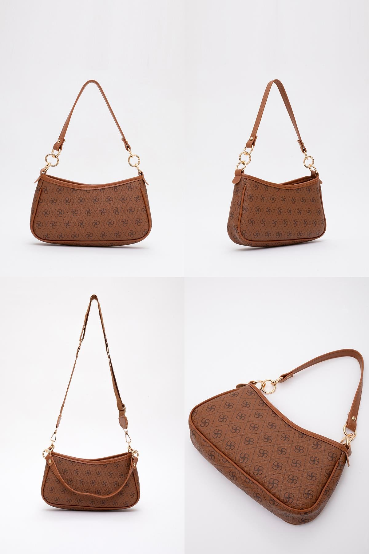Monogram Baskılı Taba Shk113 Suni Deri Astarlı Fermuarlı Ayarlanabilir Askılı El, Kol ve Omuz Çantası U:13 E:23 G:6 cm