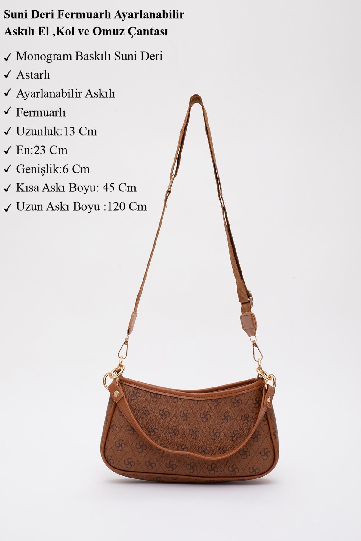 Monogram Baskılı Taba Shk113 Suni Deri Astarlı Fermuarlı Ayarlanabilir Askılı El, Kol ve Omuz Çantası U:13 E:23 G:6 cm