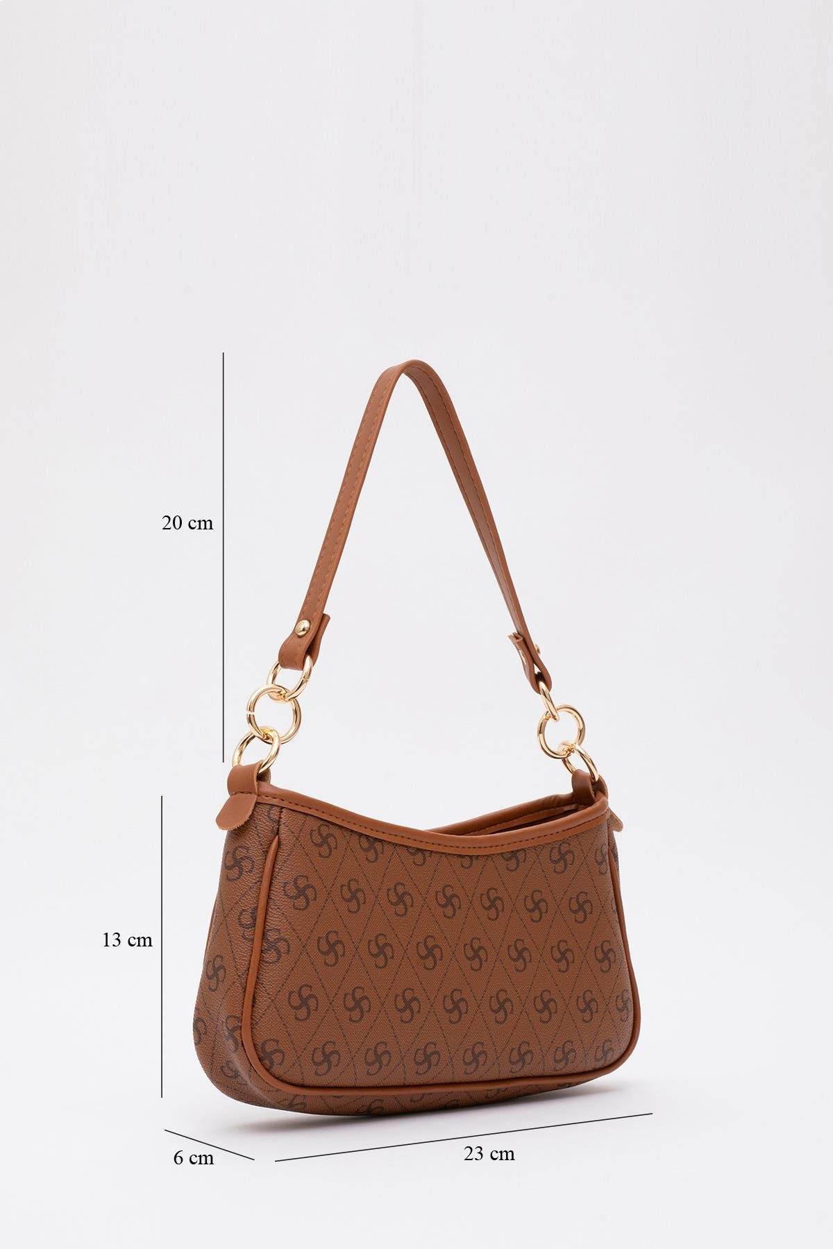 Monogram Baskılı Taba Shk113 Suni Deri Astarlı Fermuarlı Ayarlanabilir Askılı El, Kol ve Omuz Çantası U:13 E:23 G:6 cm