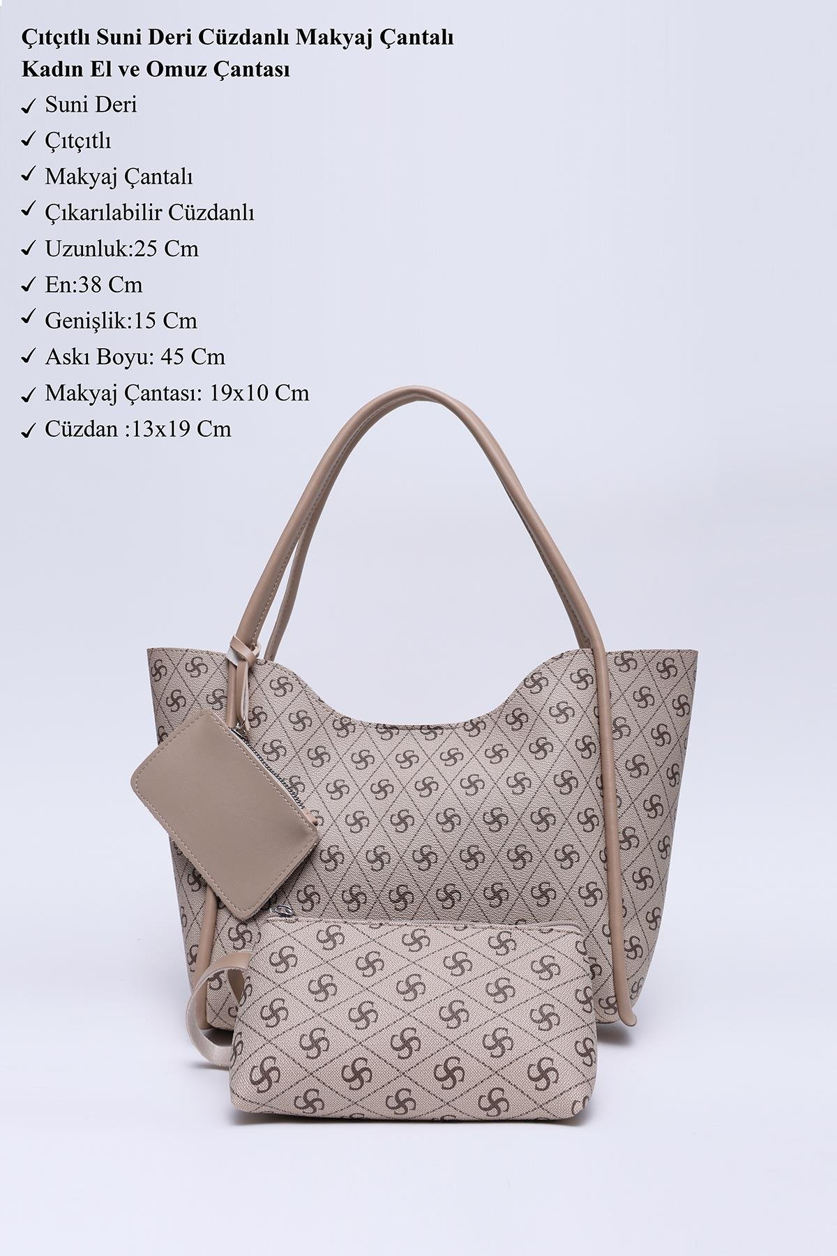 Monogram Baskılı Vizon Shk108 Çıtçıtlı Suni Deri Cüzdanlı Makyaj Çantalı Kadın El ve Omuz Çantası U:25 E:38 G:15 cm