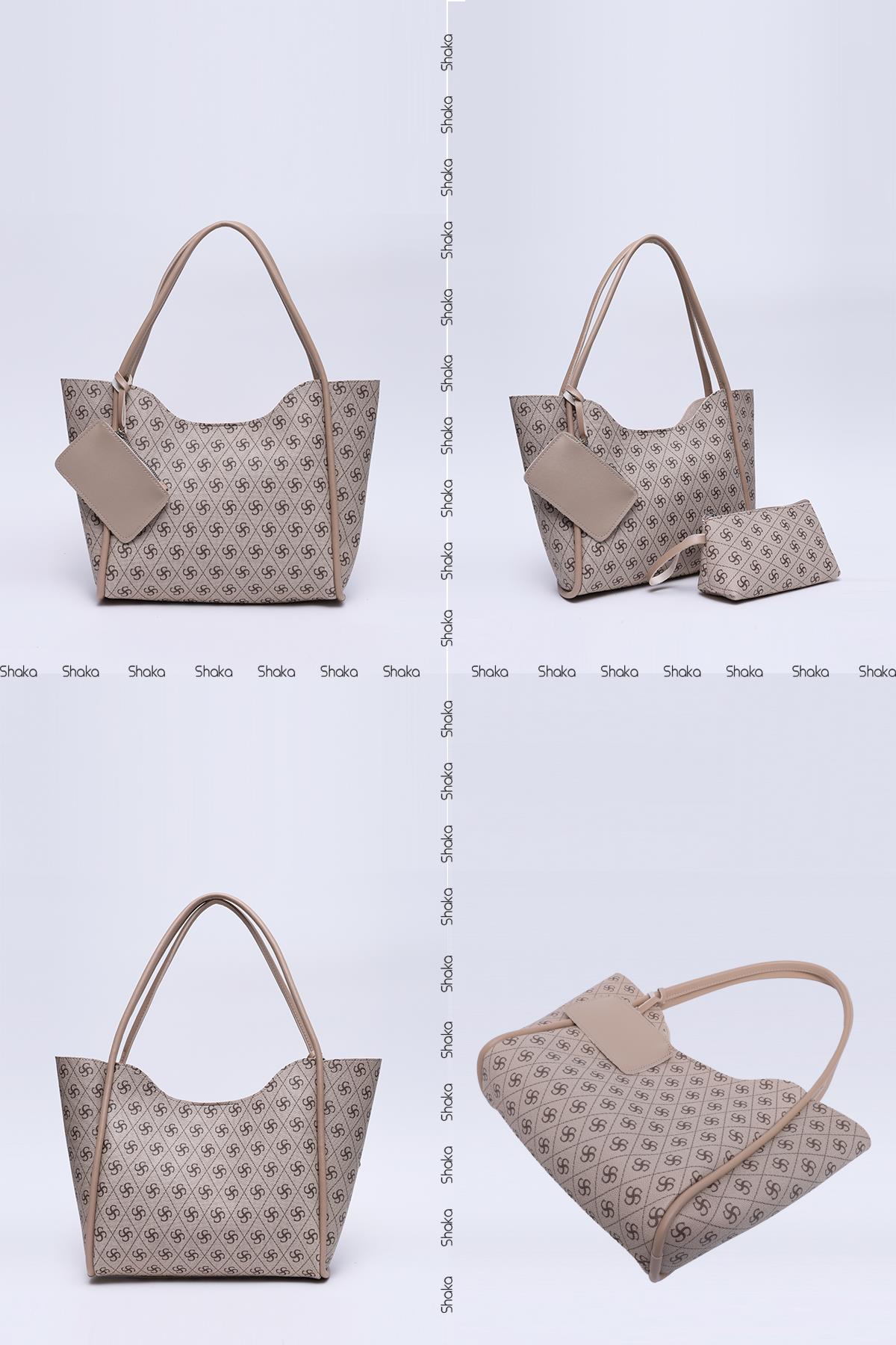 Monogram Baskılı Vizon Shk108 Çıtçıtlı Suni Deri Cüzdanlı Makyaj Çantalı Kadın El ve Omuz Çantası U:25 E:38 G:15 cm