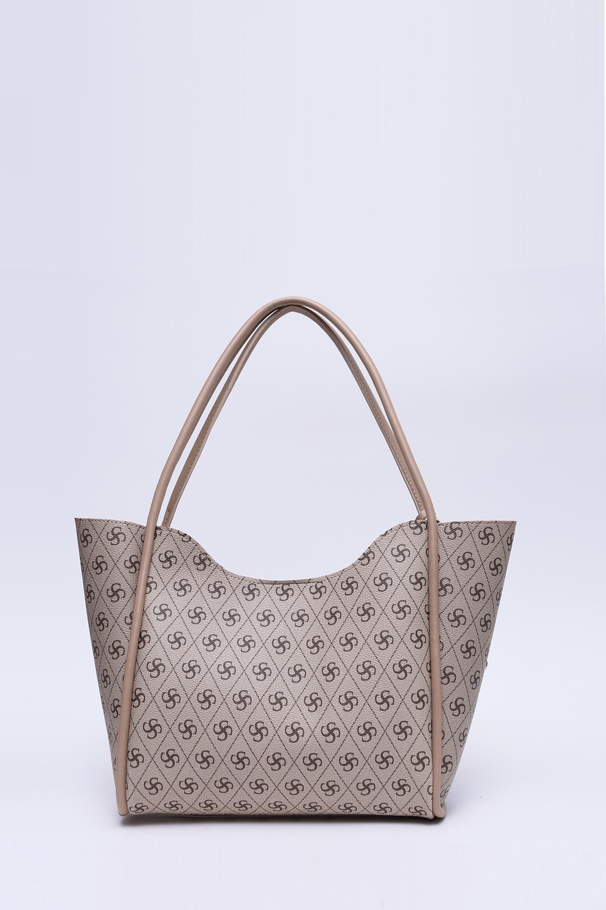 Monogram Baskılı Vizon Shk108 Çıtçıtlı Suni Deri Cüzdanlı Makyaj Çantalı Kadın El ve Omuz Çantası U:25 E:38 G:15 cm