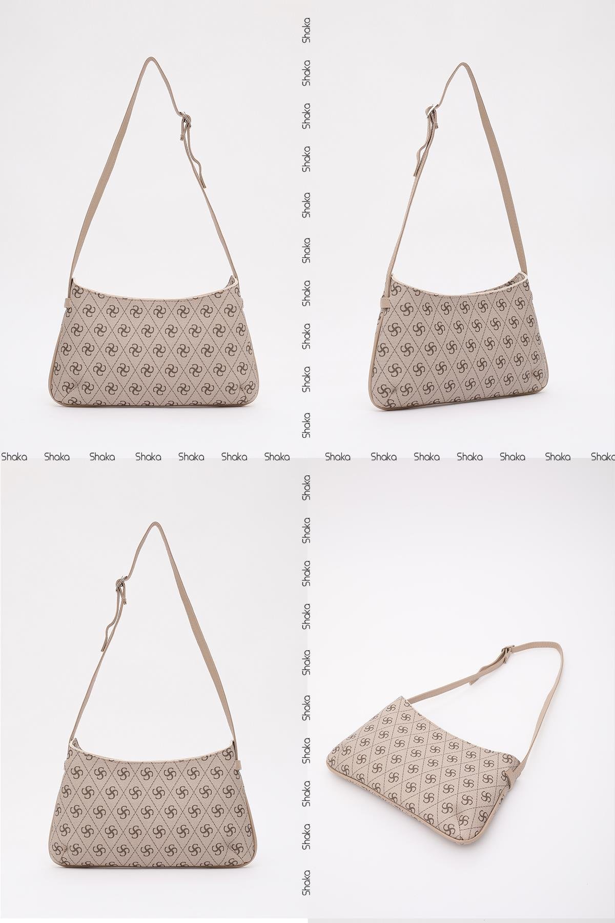 Monogram Baskılı Vizon Shk129 Suni Deri Astarlı Fermuarlı Ayarlanabilir Askılı El, Kol ve Omuz Çantası U:14 E:26 G:4 cm