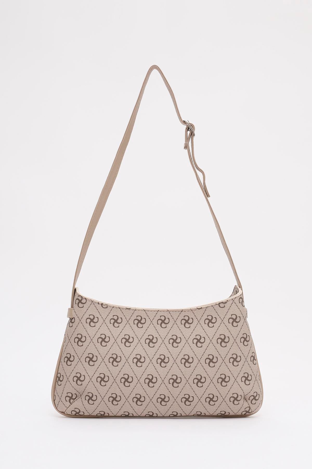 Monogram Baskılı Vizon Shk129 Suni Deri Astarlı Fermuarlı Ayarlanabilir Askılı El, Kol ve Omuz Çantası U:14 E:26 G:4 cm