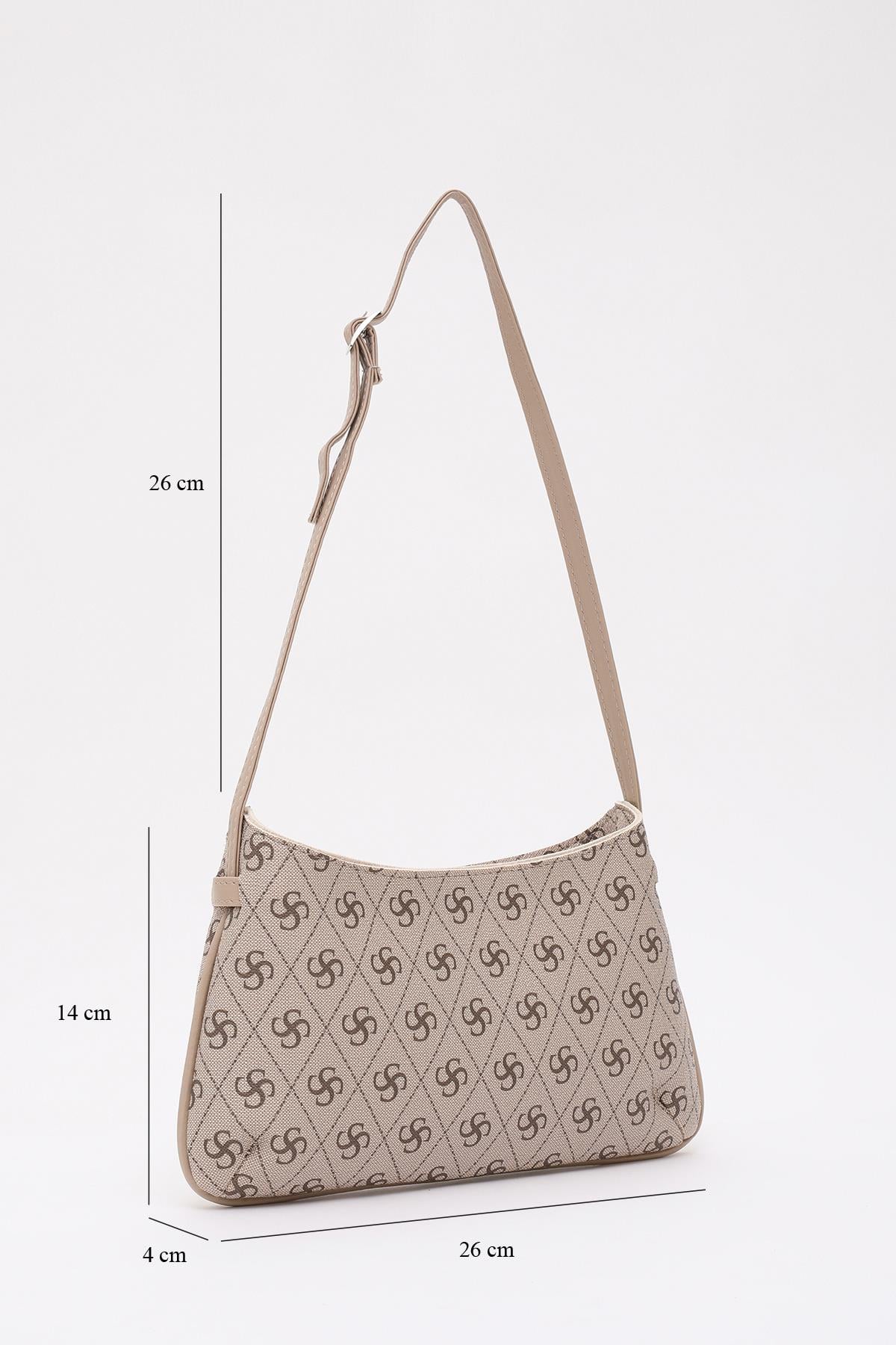 Monogram Baskılı Vizon Shk129 Suni Deri Astarlı Fermuarlı Ayarlanabilir Askılı El, Kol ve Omuz Çantası U:14 E:26 G:4 cm
