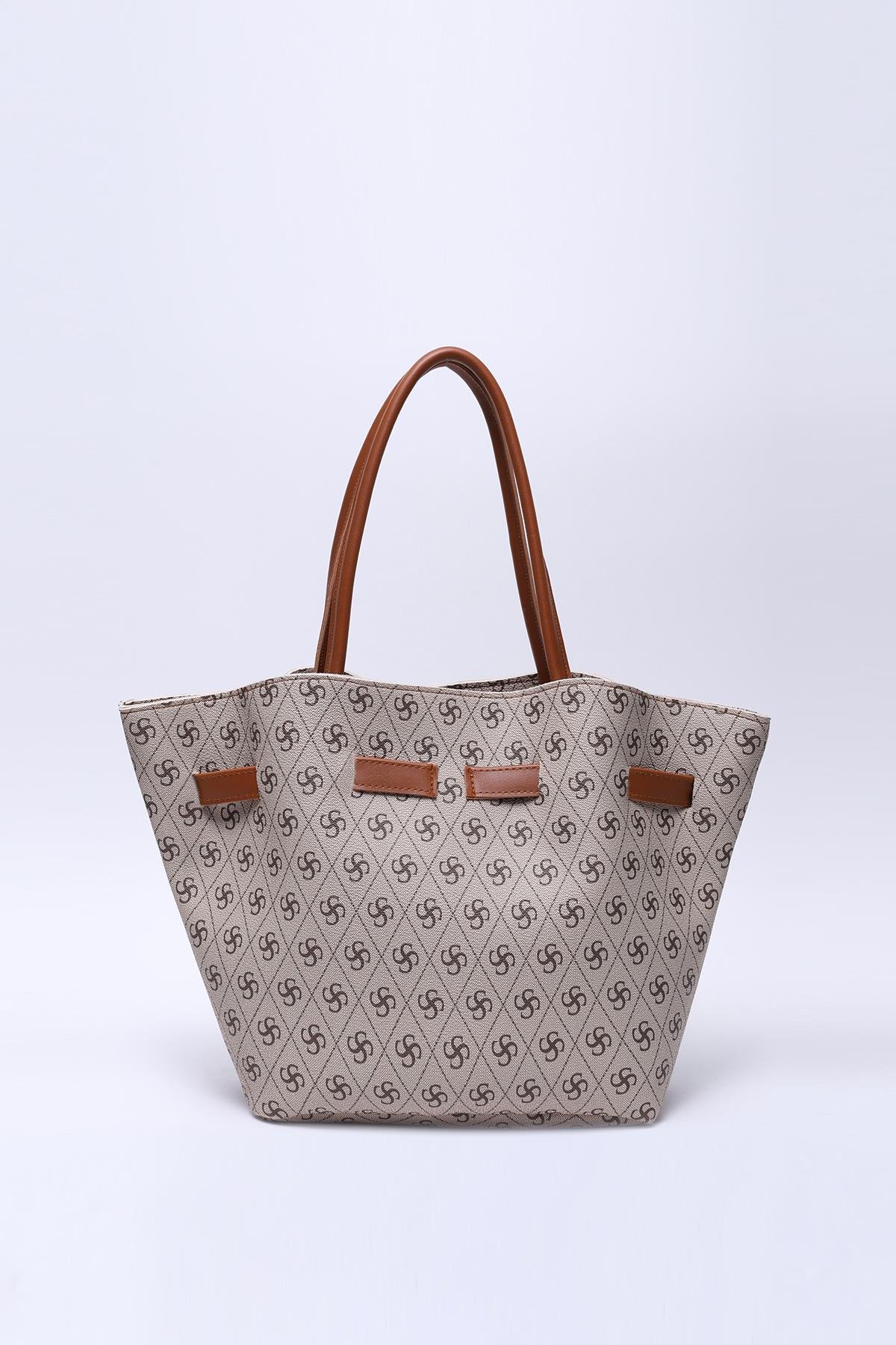 Monogram Baskılı Vizon Shk159 Suni Deri, Astarlı, Çıtçıtlı, Kilit Detaylı El, Kol ve Omuz Çantası U:25 E:40 G:10 cm
