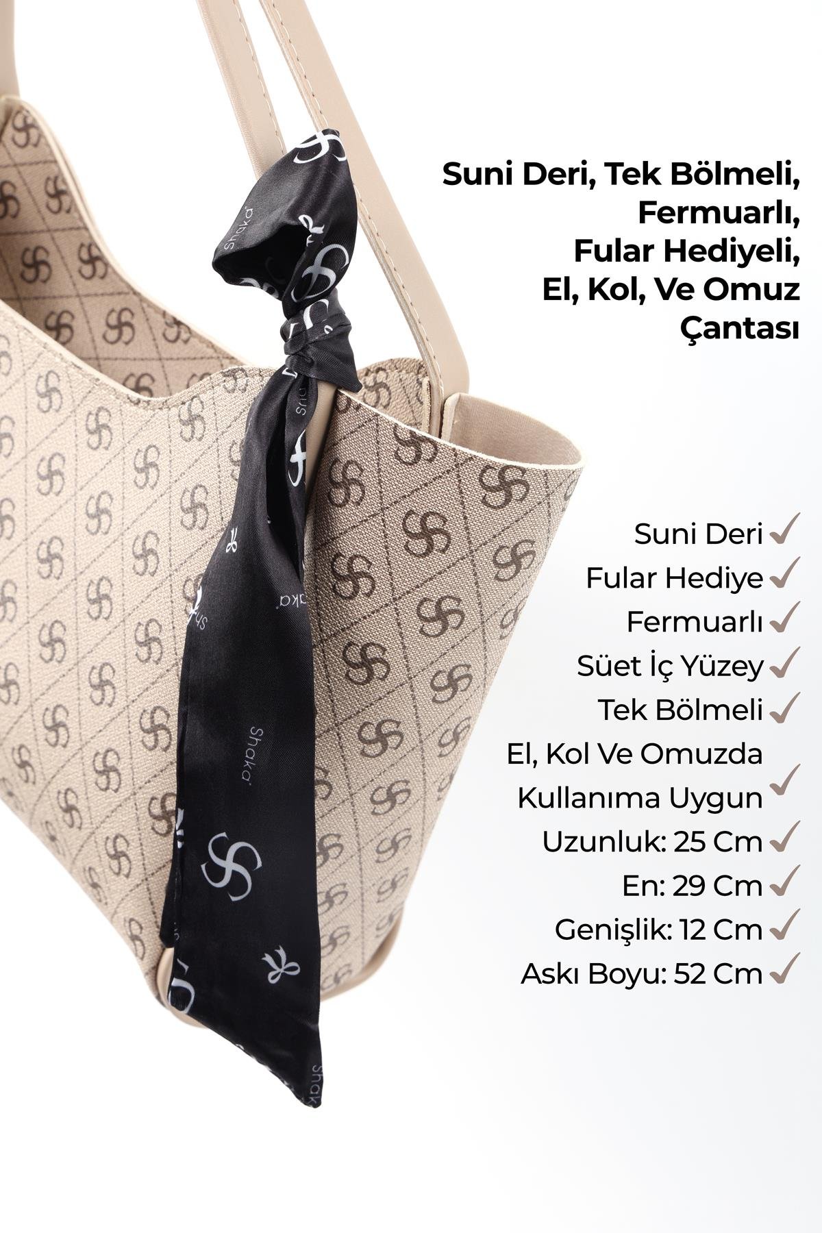 Monogram Baskılı Vizon SHK240 Suni Deri Fermuarlı Tek Bölmeli Fular Hediyeli El,Kol ve Omuz Çantası