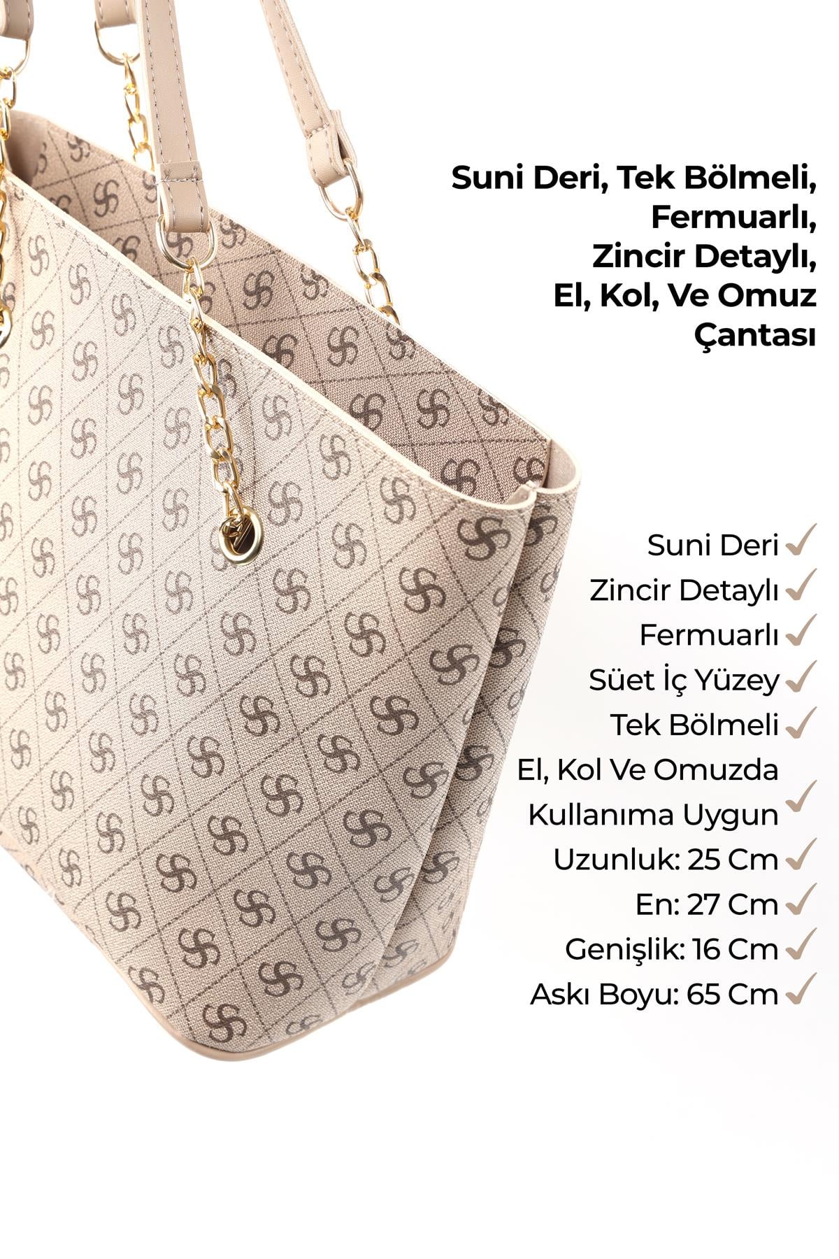 Monogram Baskılı Vizon SHK256 Suni Deri Fermuarlı Tek Bölmeli Zincir Askılı El, Kol ve Omuz Çantası