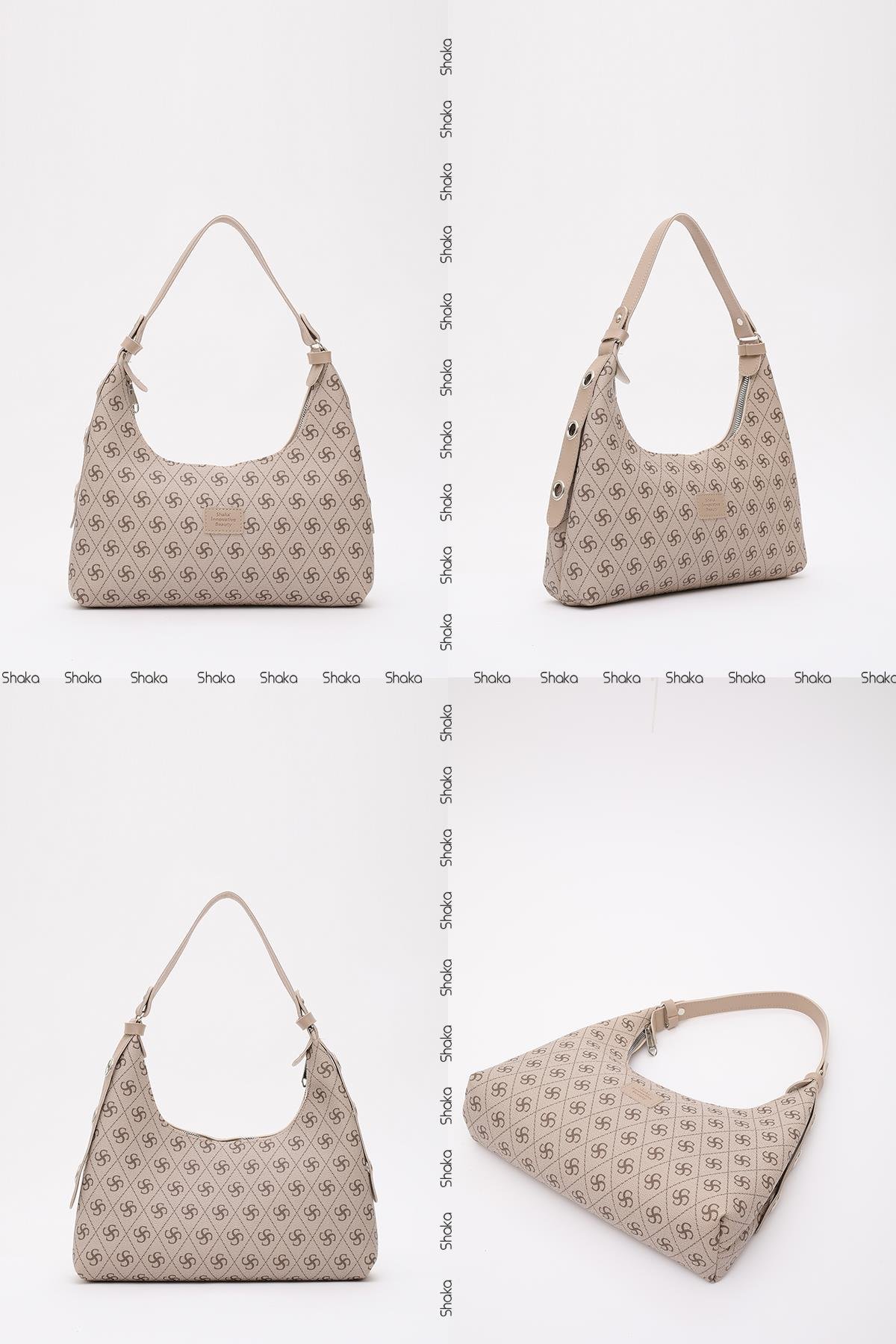 Monogram Baskılı Vizon Shk82 Baget Model Tek Bölmeli Kadın Suni Deri Kol ve Omuz Çantası U:17 E:30 G:7