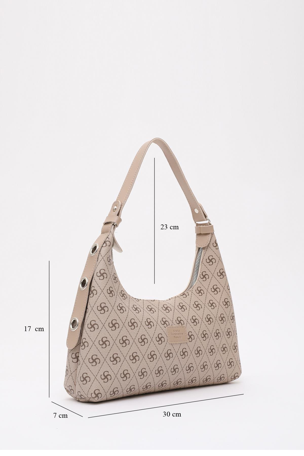 Monogram Baskılı Vizon Shk82 Baget Model Tek Bölmeli Kadın Suni Deri Kol ve Omuz Çantası U:17 E:30 G:7