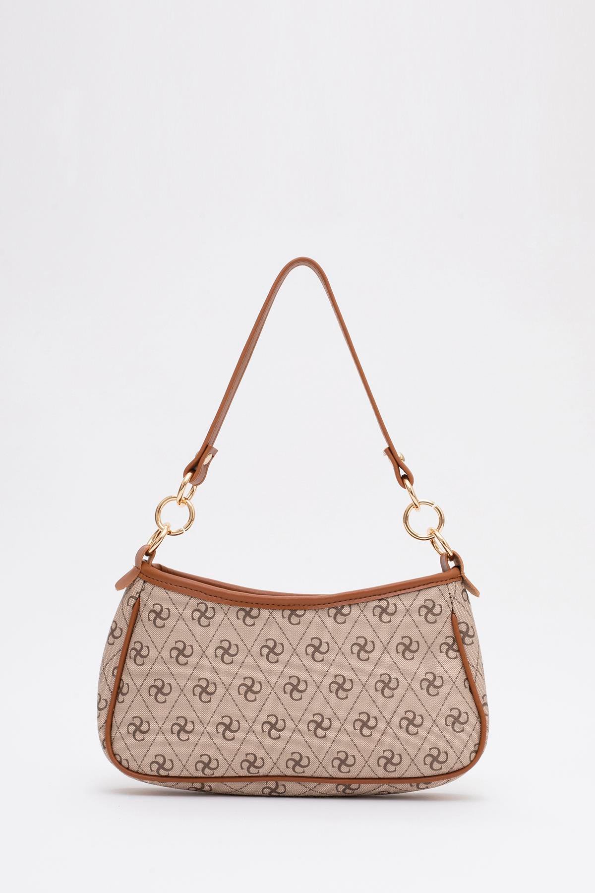 Monogram Baskılı Vizon/Taba Shk113 Suni Deri Astarlı Fermuarlı Ayarlanabilir Askılı El, Kol ve Omuz Çantası U:13 E:23 G:6 cm