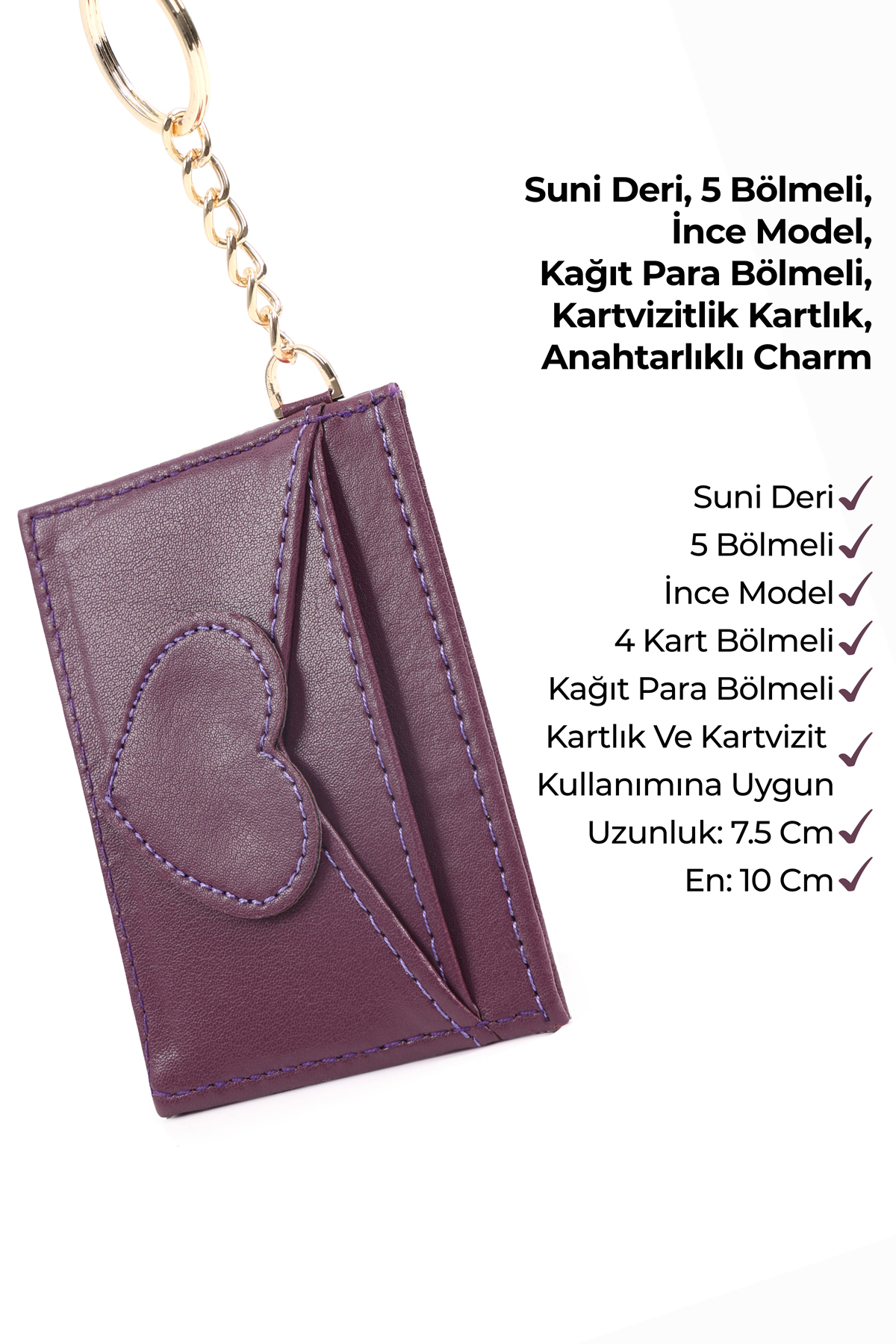 Mor SHK134 Suni Deri,Beş Bölmeli,Kalp Figürlü Kartlık ve Çanta Charmı