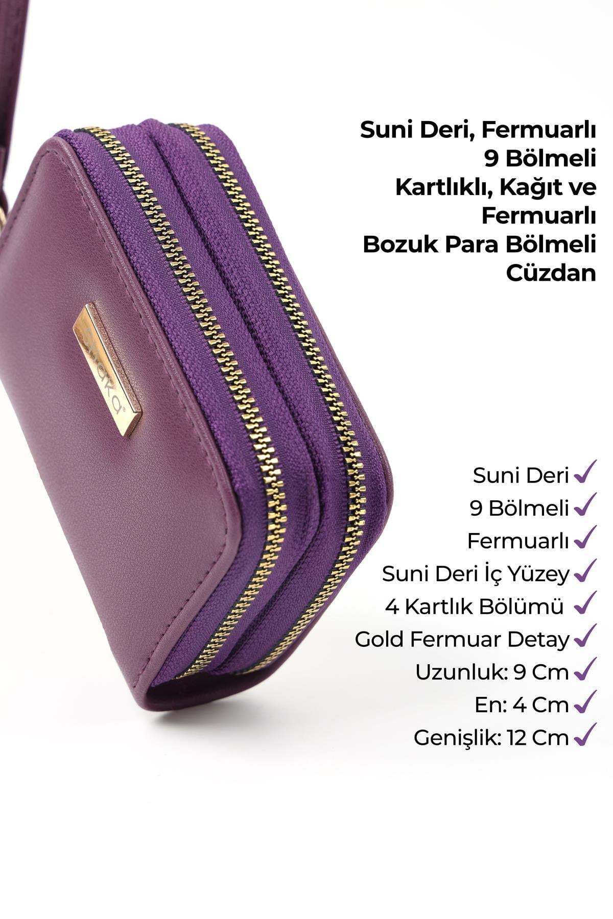 Mor Shk266 Suni Deri 9 Bölmeli, Fermuarlı, Kartlık ve Bozuk Para Bölmeli Cüzdan
