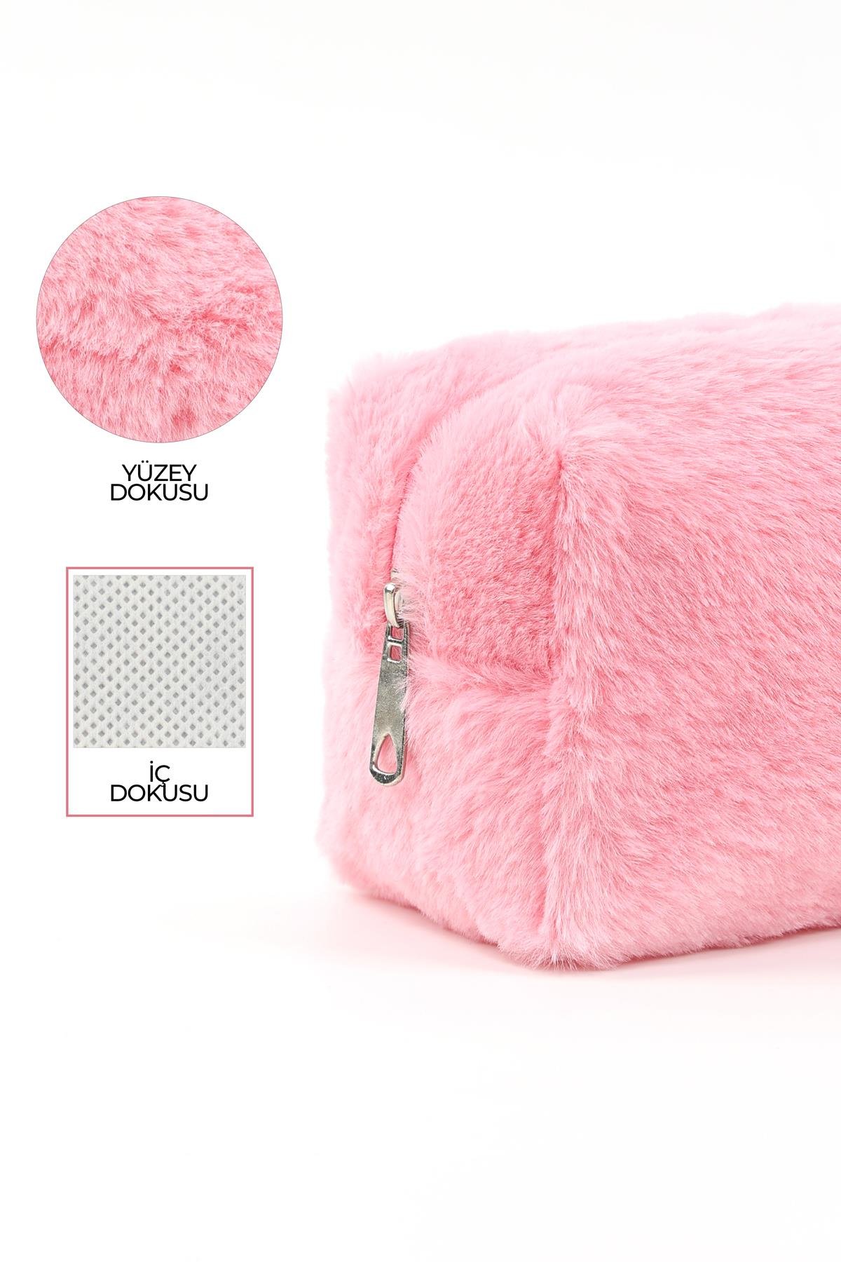 Pembe SHK244 Peluş Kumaş ,Fermuarlı Tek Bölmeli ,Seyahat ve Makyaj Çantası