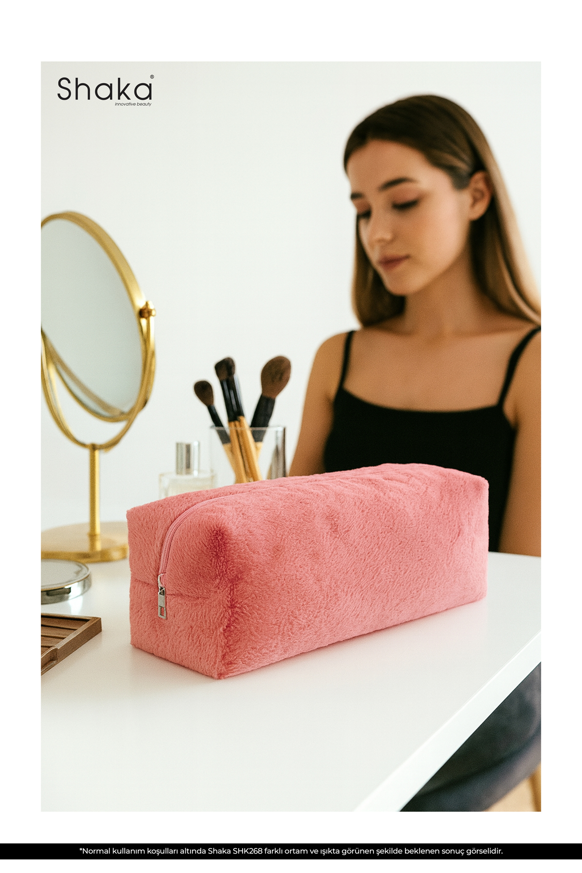 Pembe SHK268 XL Boy Peluş Kumaş ,Saç Şekillendirici , Makyaj ve Seyahat Çantası