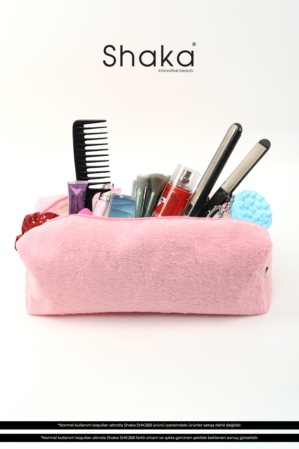 Pembe SHK268 XL Boy Peluş Kumaş ,Saç Şekillendirici , Makyaj ve Seyahat Çantası