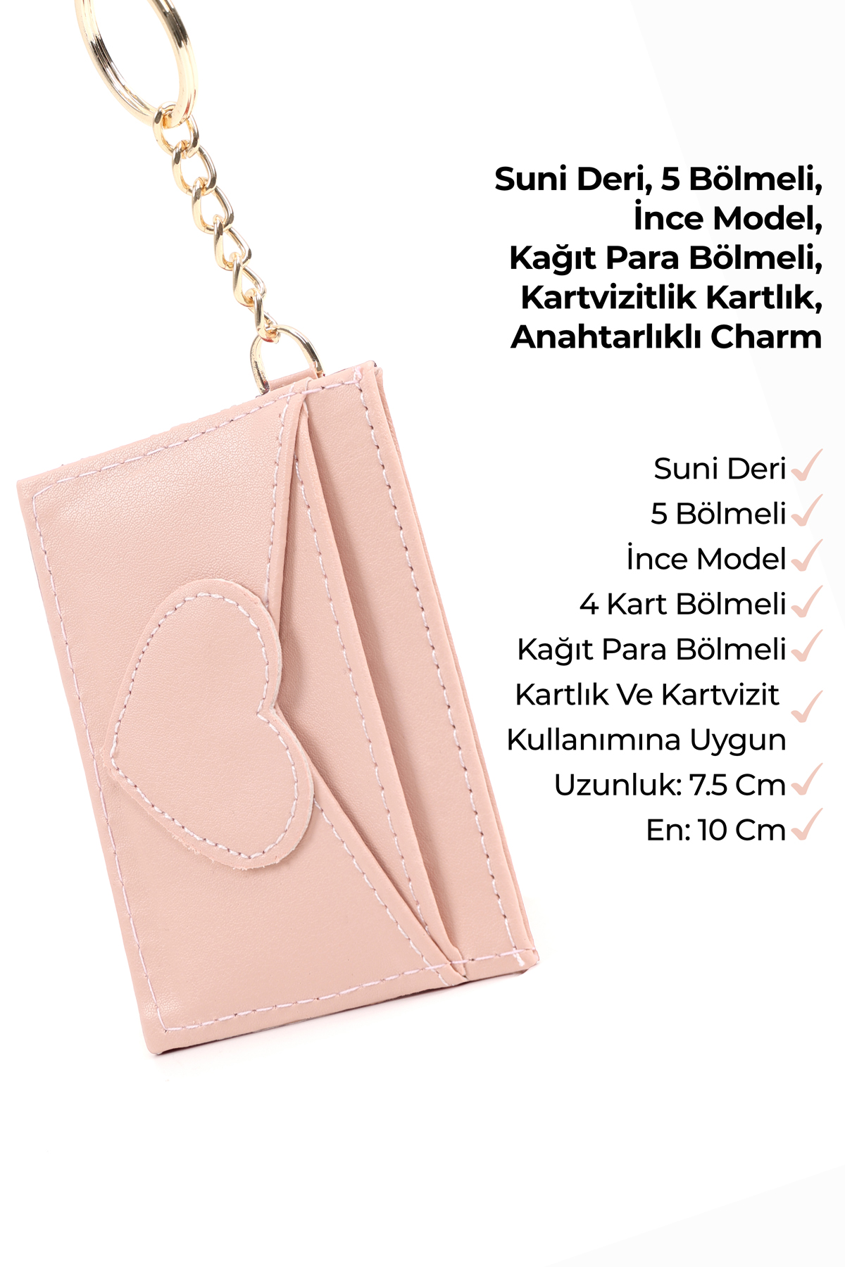 Pudra SHK134 Suni Deri,Beş Bölmeli,Kalp Figürlü Kartlık ve Çanta Charmı